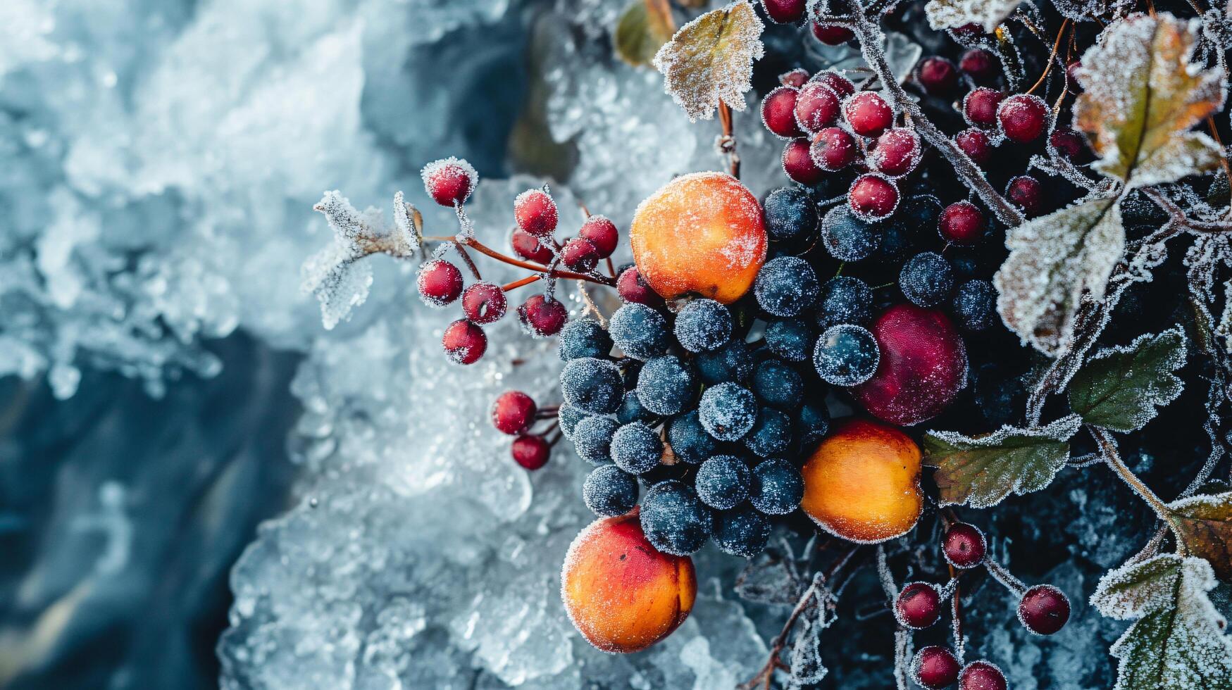 A close up of a bunch of fruit, including apples and grapes, covered in frost photo