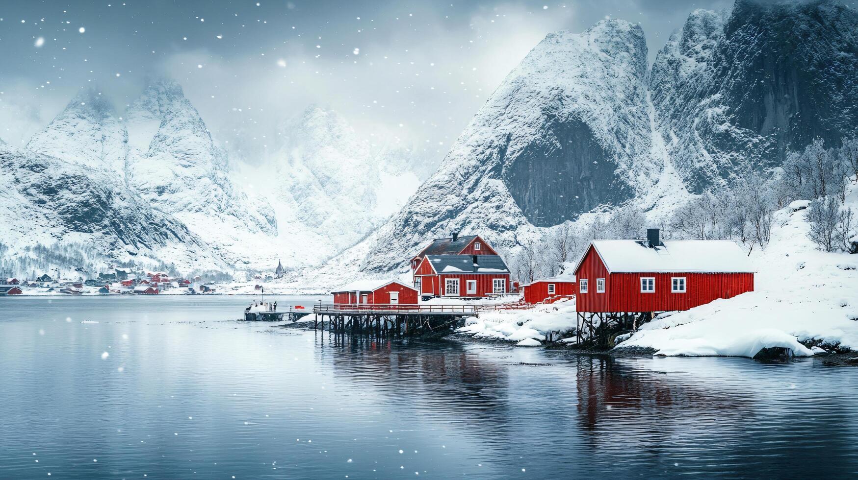 A snowy landscape with a red house and a dock photo