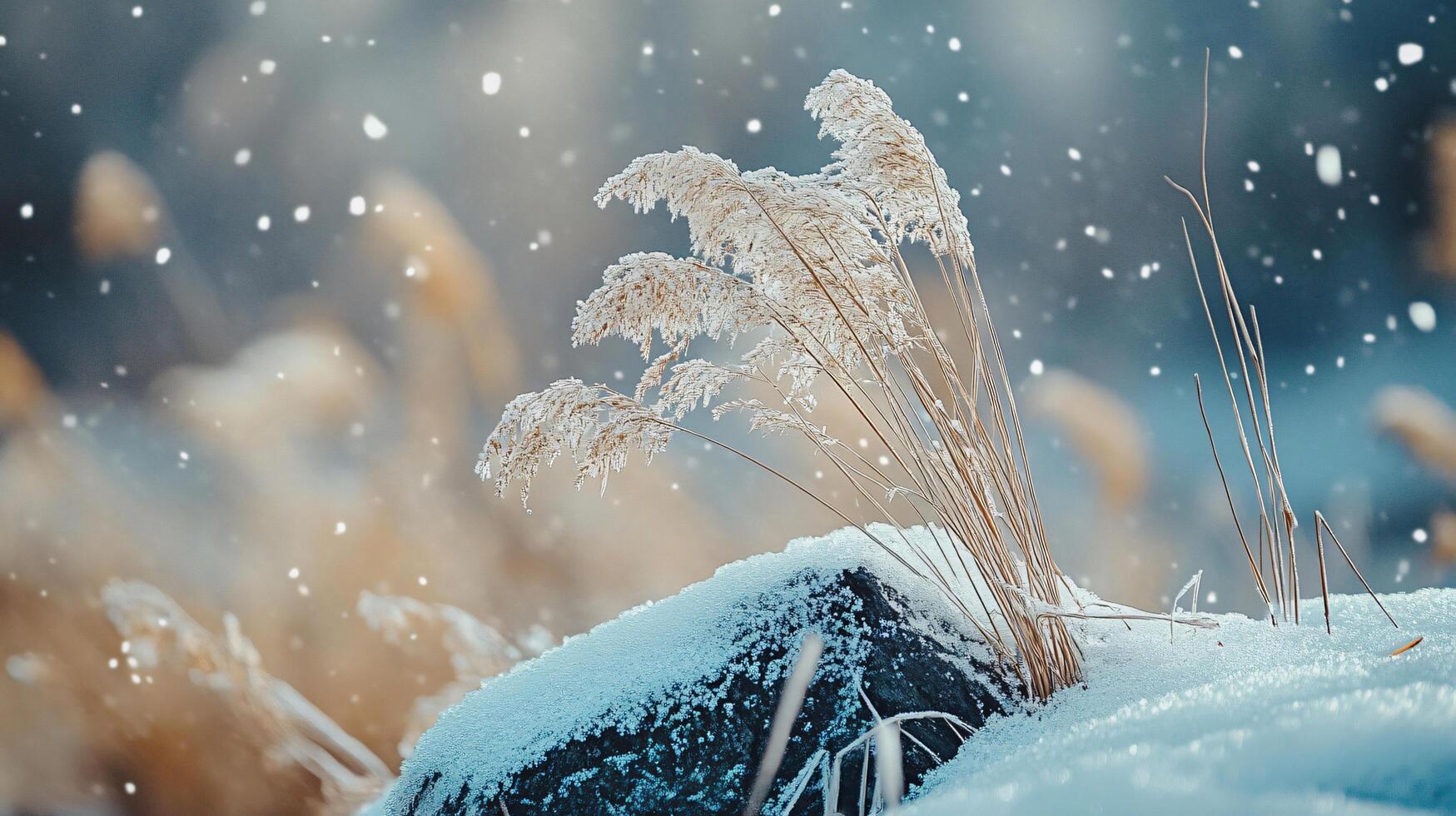 A snow covered rock with a bunch of grass on top photo