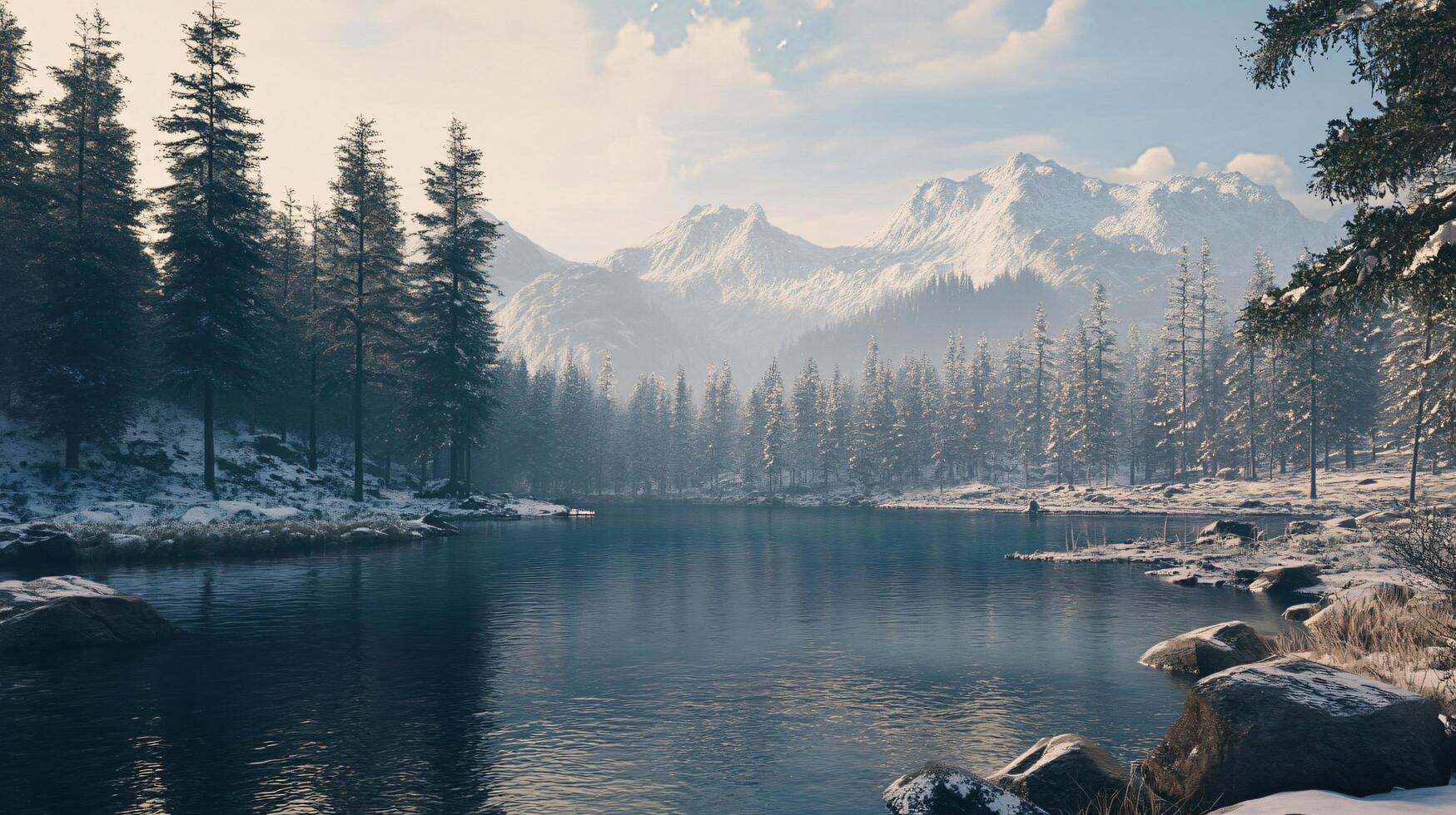 A serene and peaceful scene of a lake surrounded by snow-covered trees photo