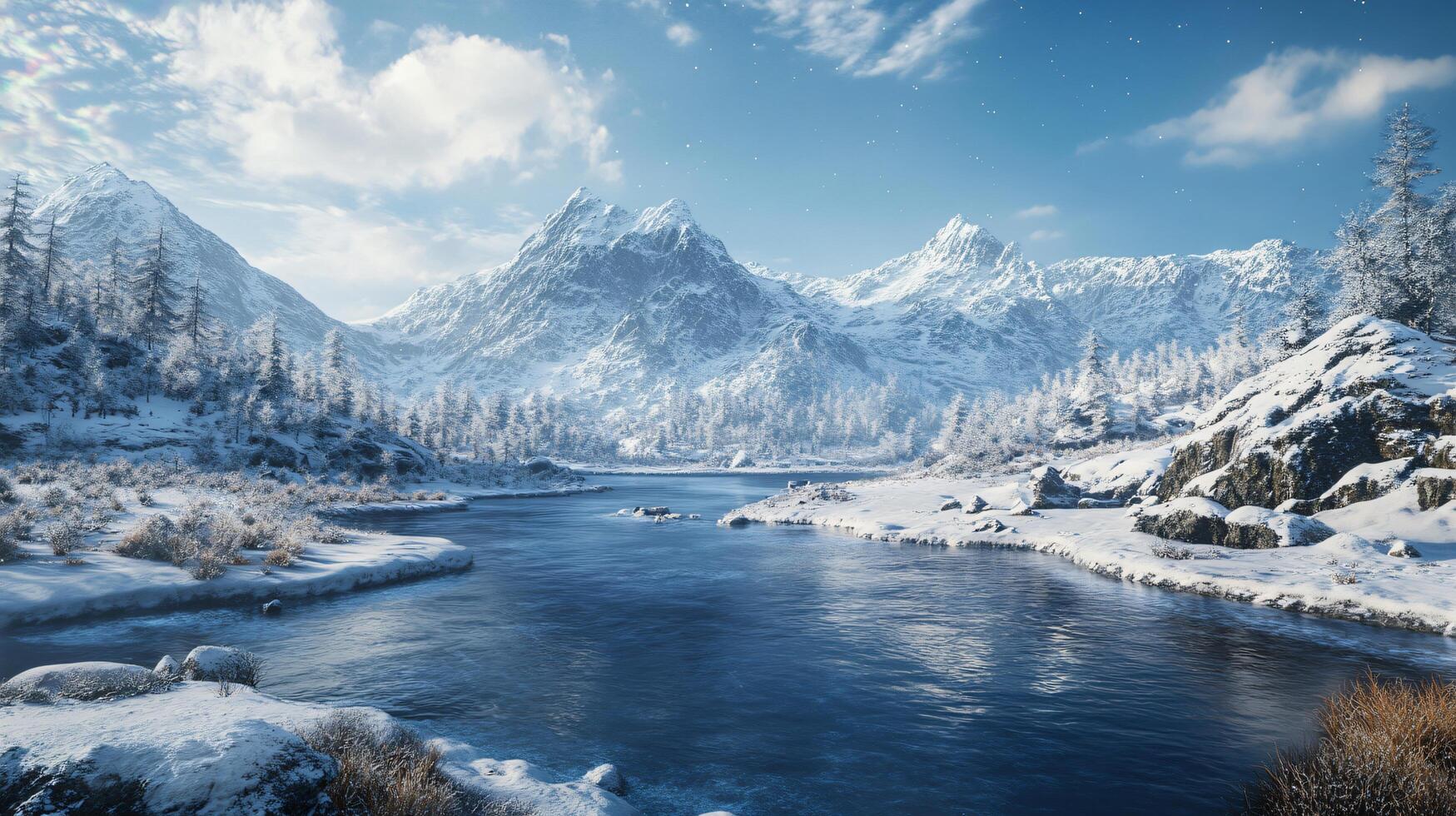 A snowy mountain range with a river running through it photo