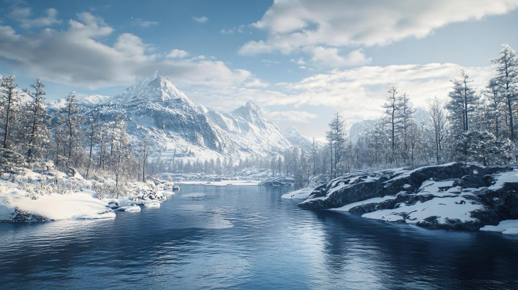 A snowy mountain range with a river running through it photo