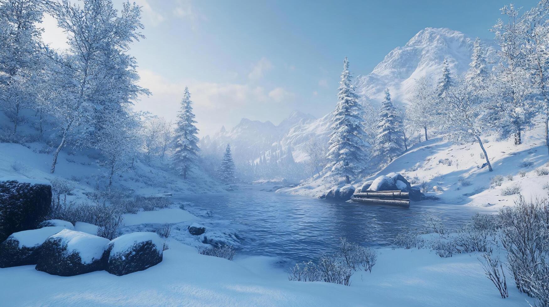 A snowy landscape with a river and trees photo