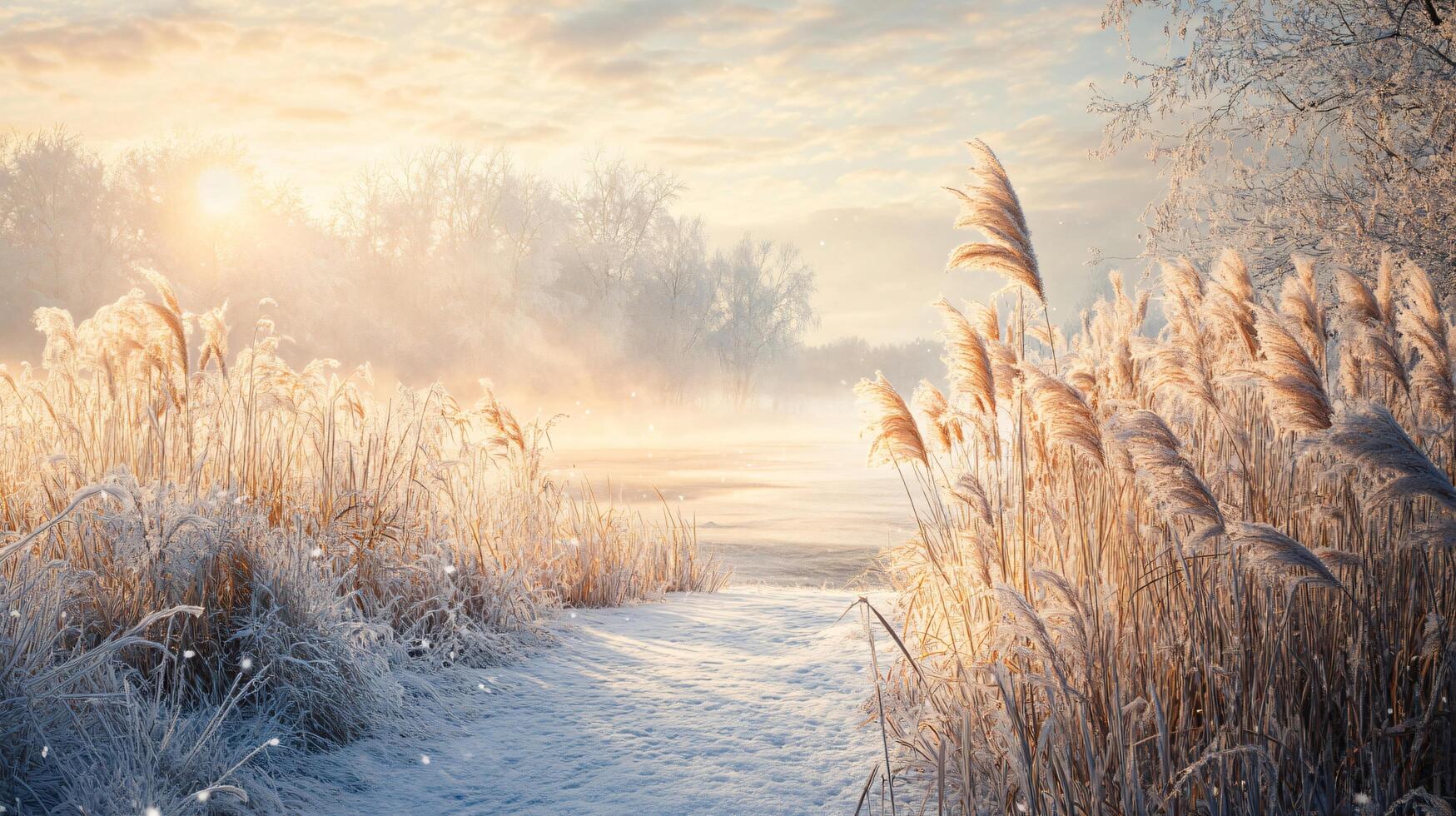 A snowy field with a path through it and a sun shining on it photo