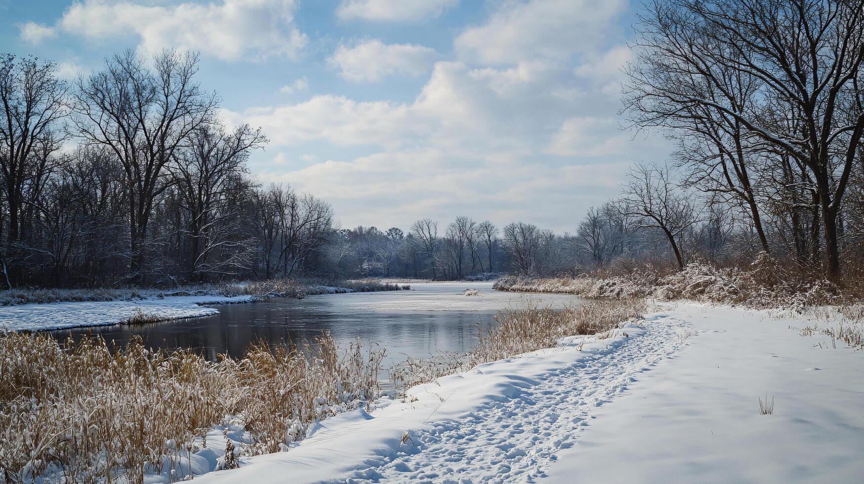 A snowy landscape with a river and trees photo