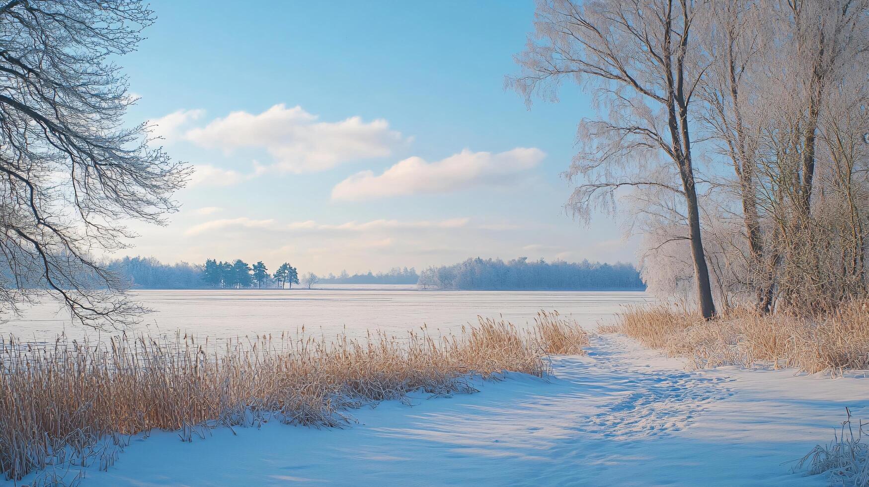 A snowy field with a tree in the background photo