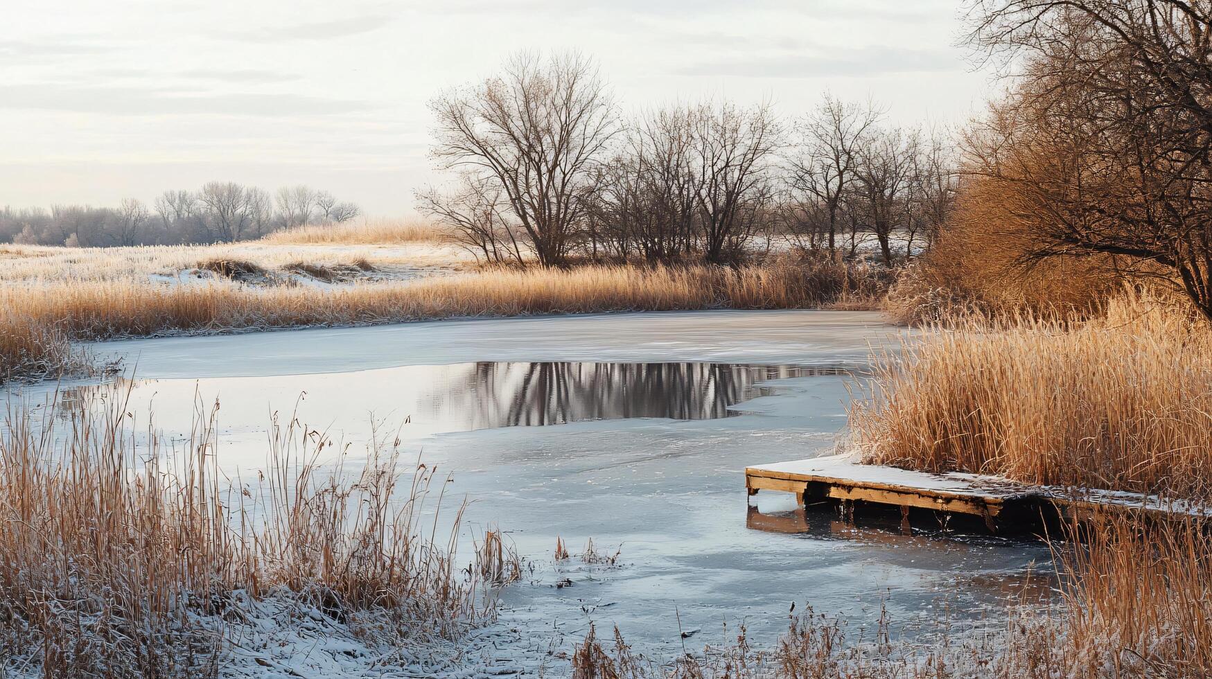 A frozen lake with a wooden dock and a few trees in the background photo