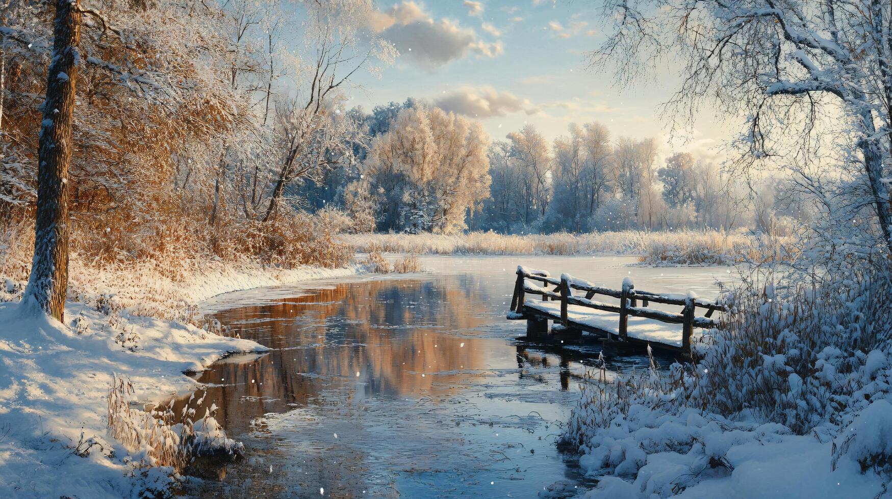 A snowy landscape with a frozen river and a bridge photo