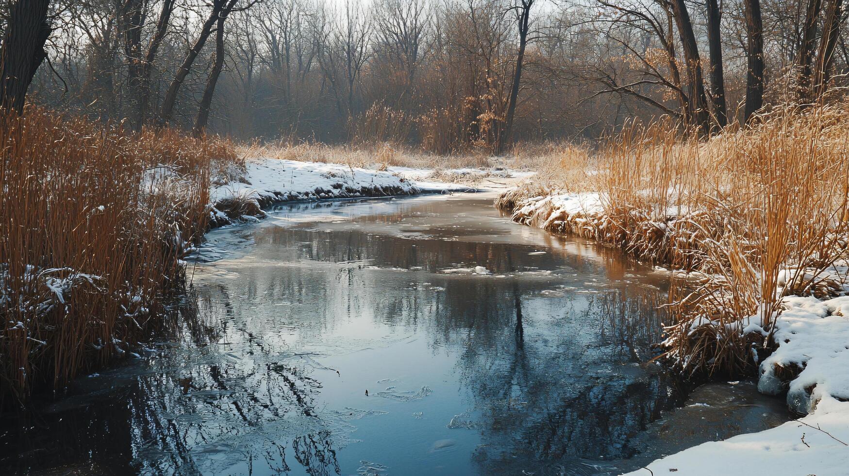 A frozen river with a reflection of the trees in the water photo