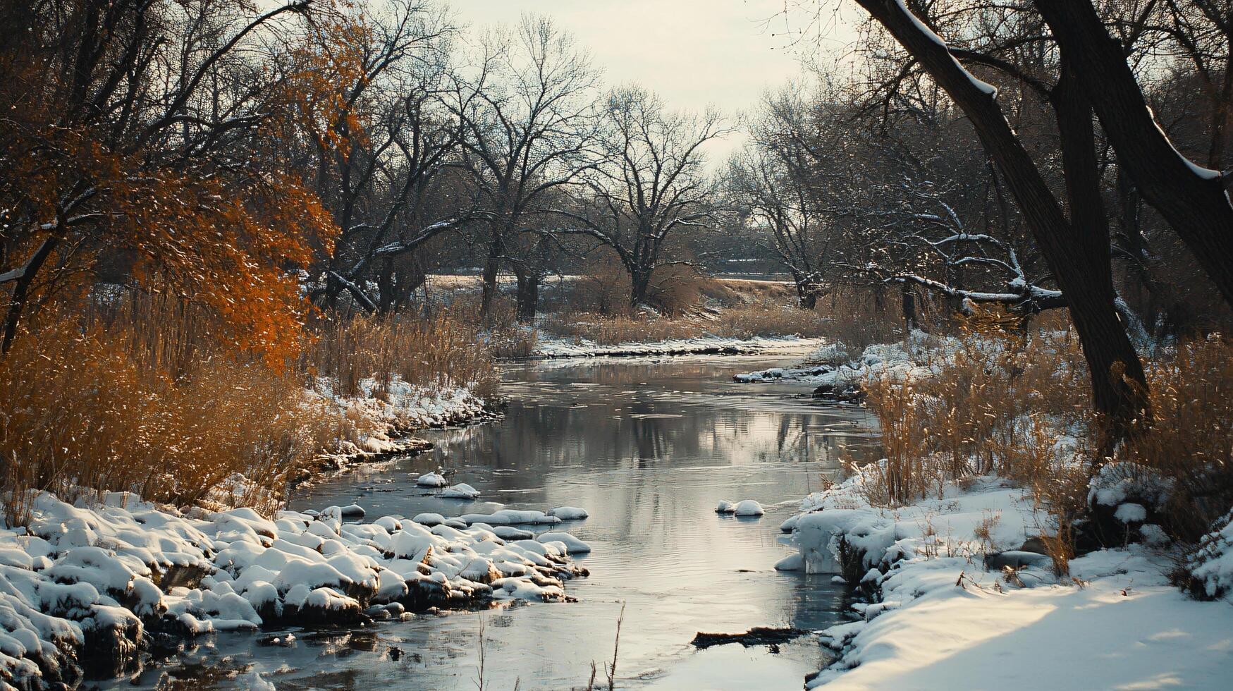 A snowy river with trees in the background photo