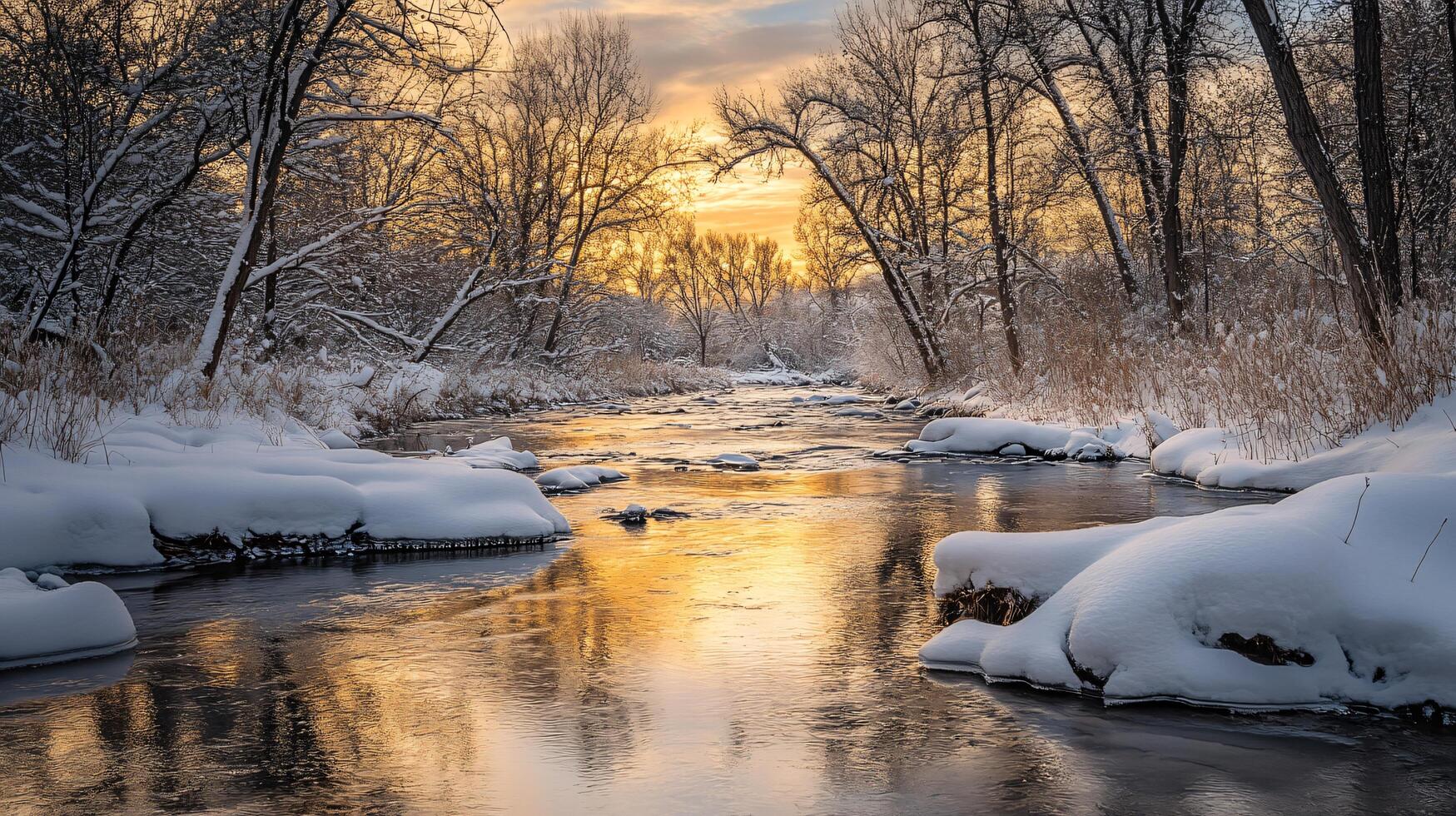 A river with snow on the banks and a sunset in the background photo