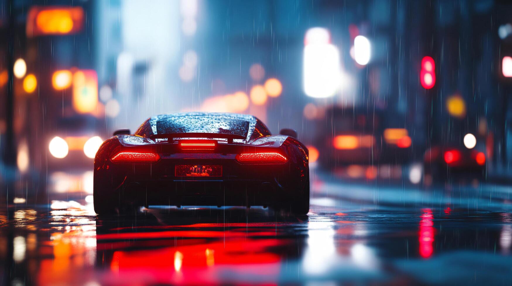 A car is driving down a wet street at night photo