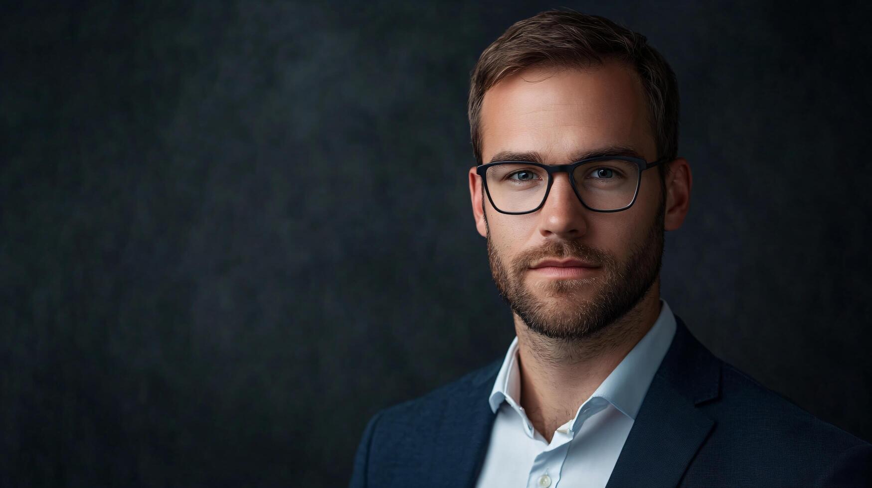 A man wearing glasses and a suit is standing in front of a dark background photo