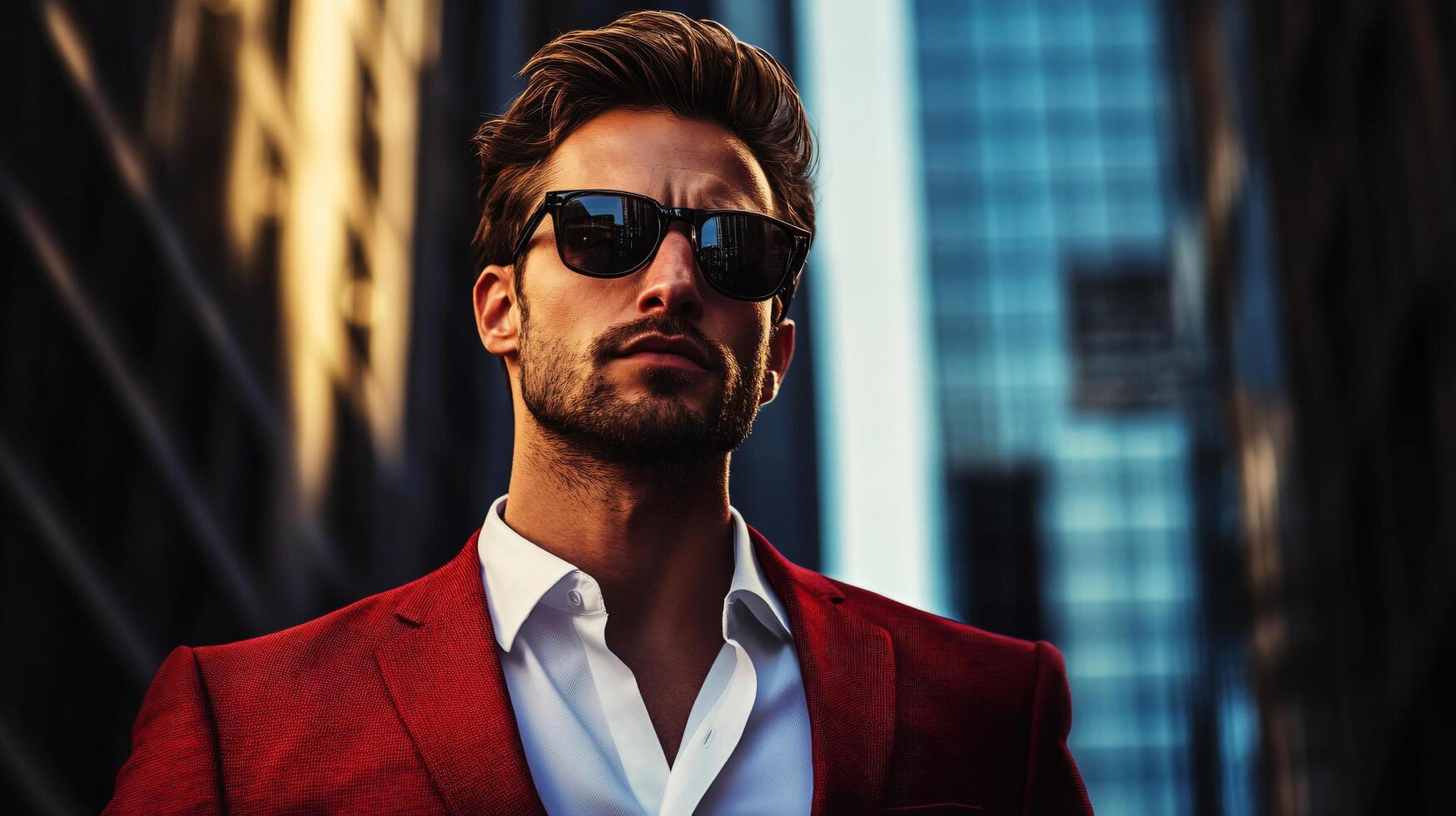 A man in a red suit and white shirt is standing in front of a building photo