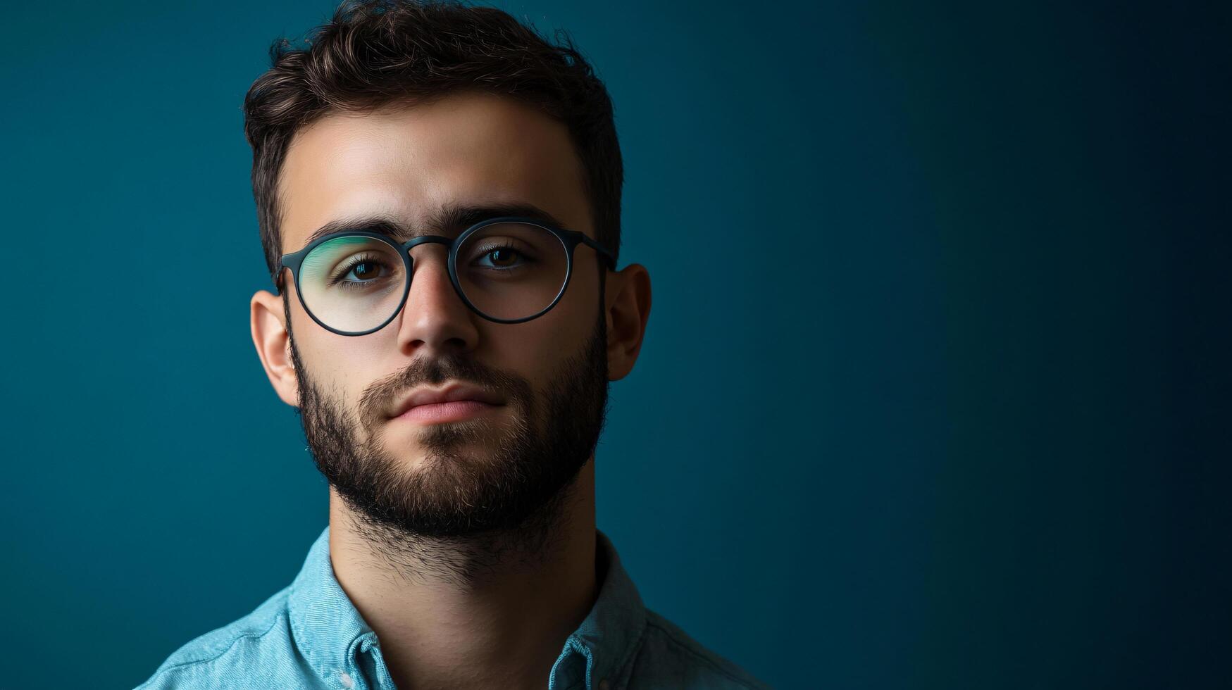 A man with glasses is standing in front of a blue wall photo