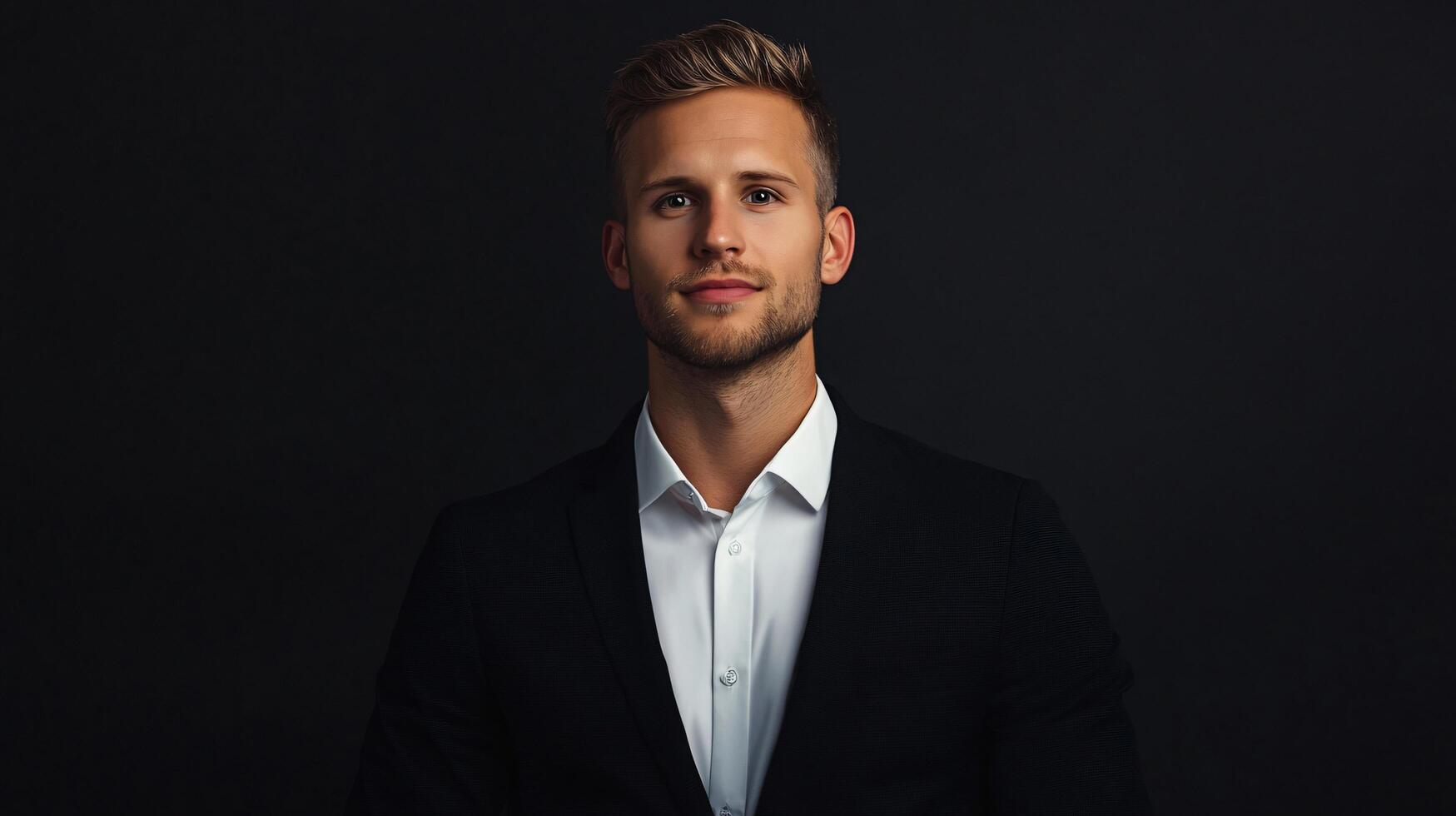 A man in a suit and tie is standing in front of a black background photo