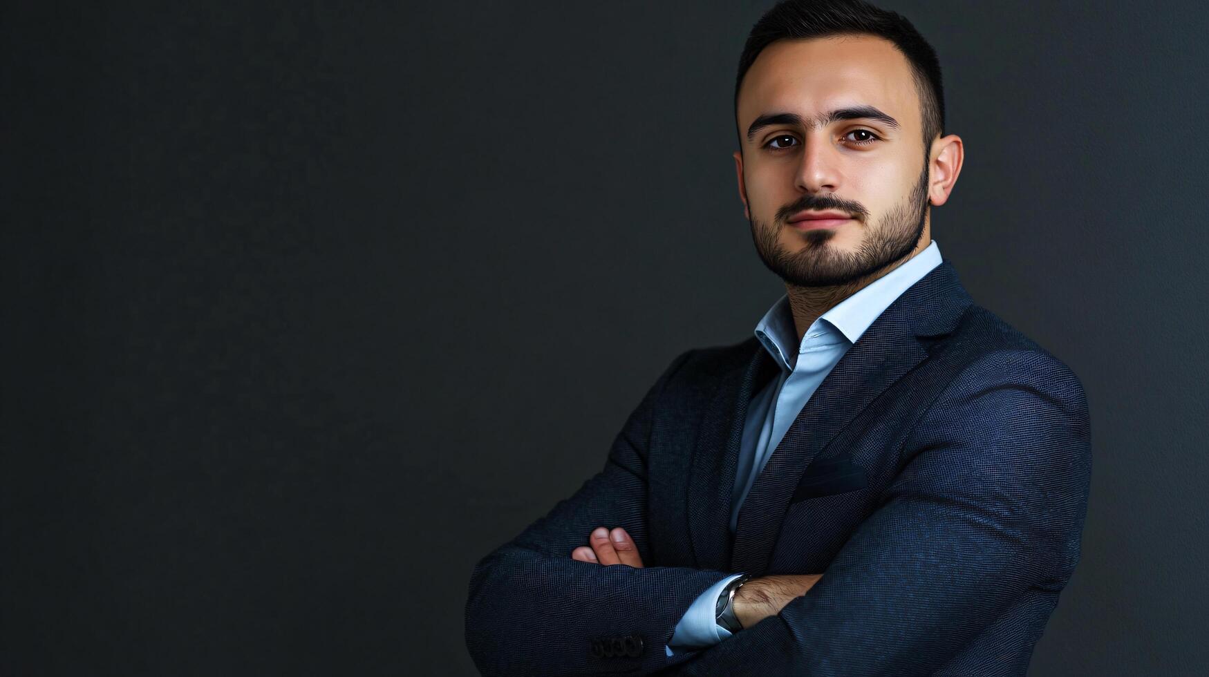 A man in a suit is standing in front of a dark background photo