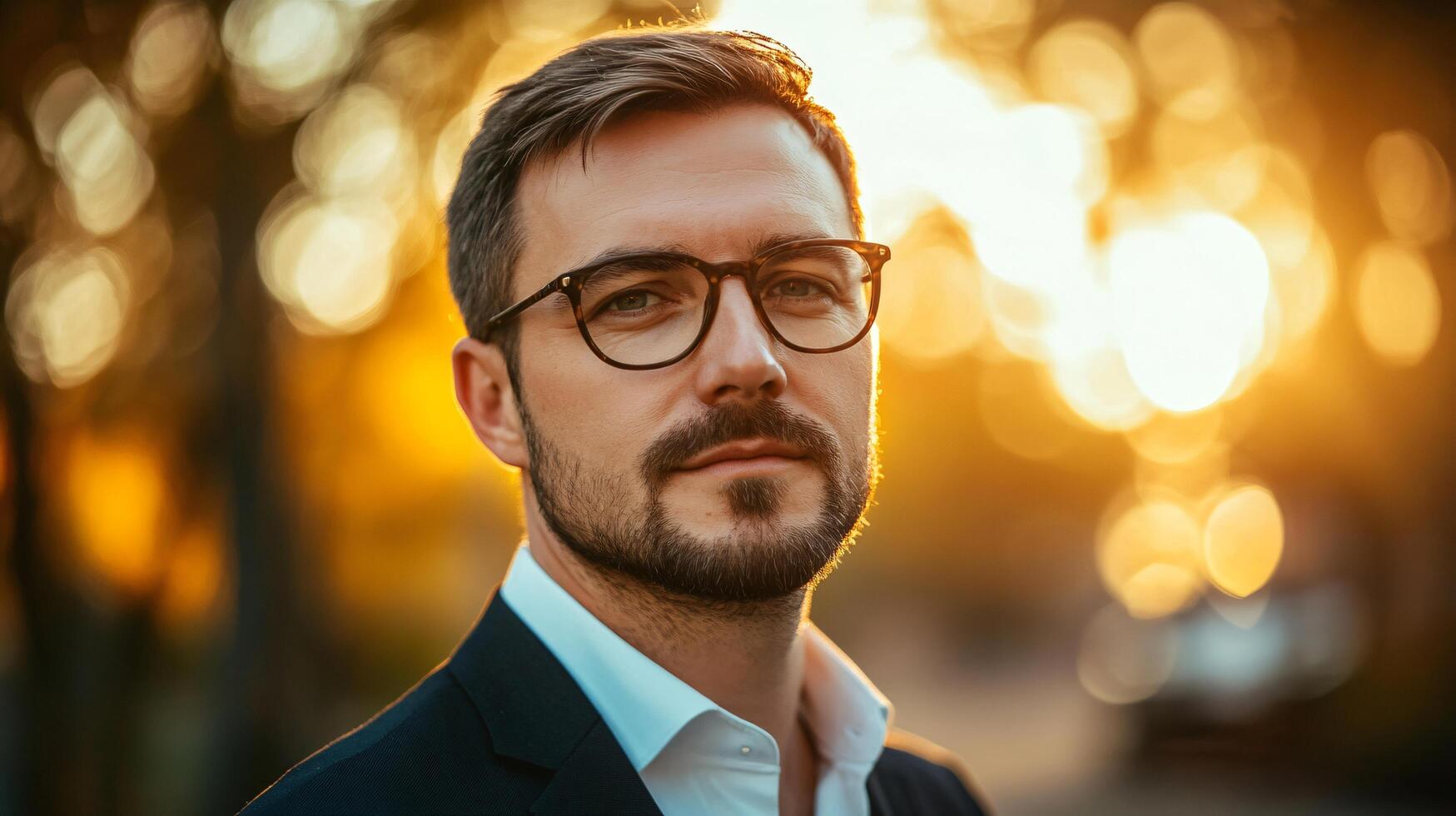 A man wearing glasses and a suit is standing in front of a tree photo