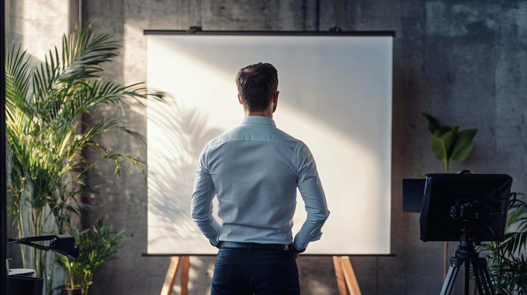 A man stands in front of a white board, looking at it intently photo