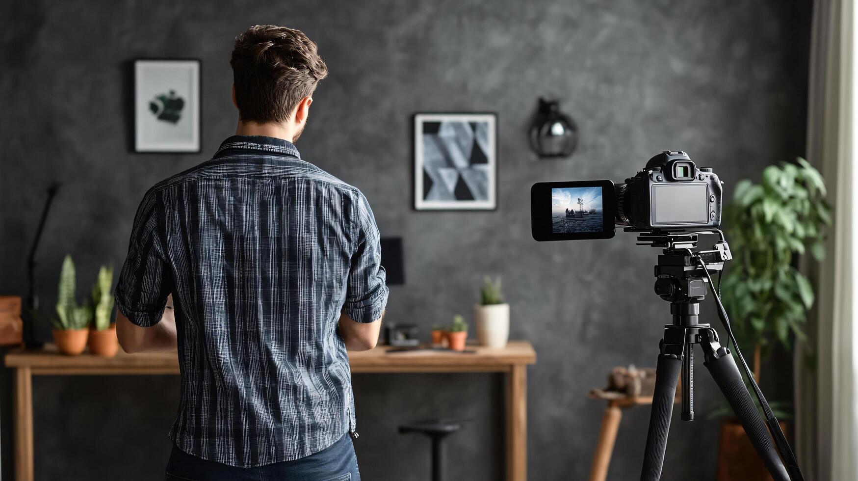 A man is standing in front of a camera with a tripod photo