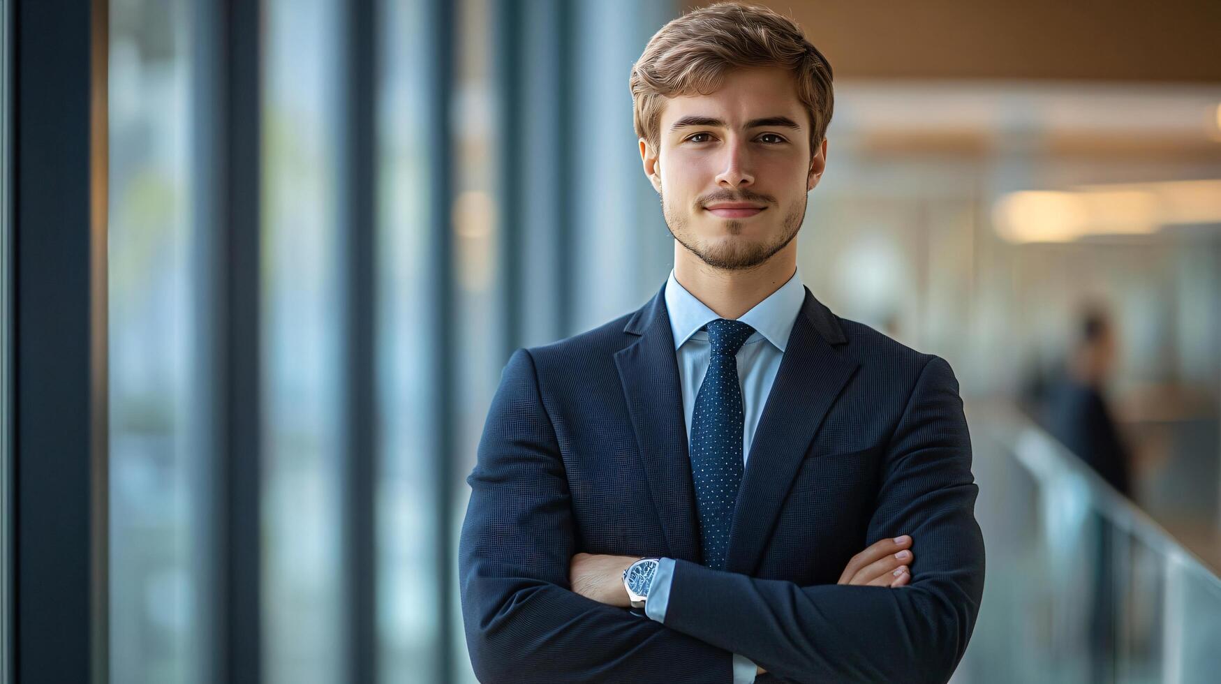 A man in a suit and tie is standing in front of a window, looking at the camera photo