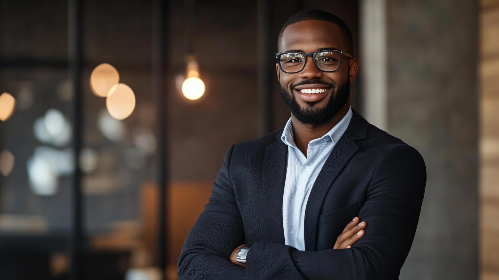A man in a suit and glasses is smiling and looking directly at the camera photo
