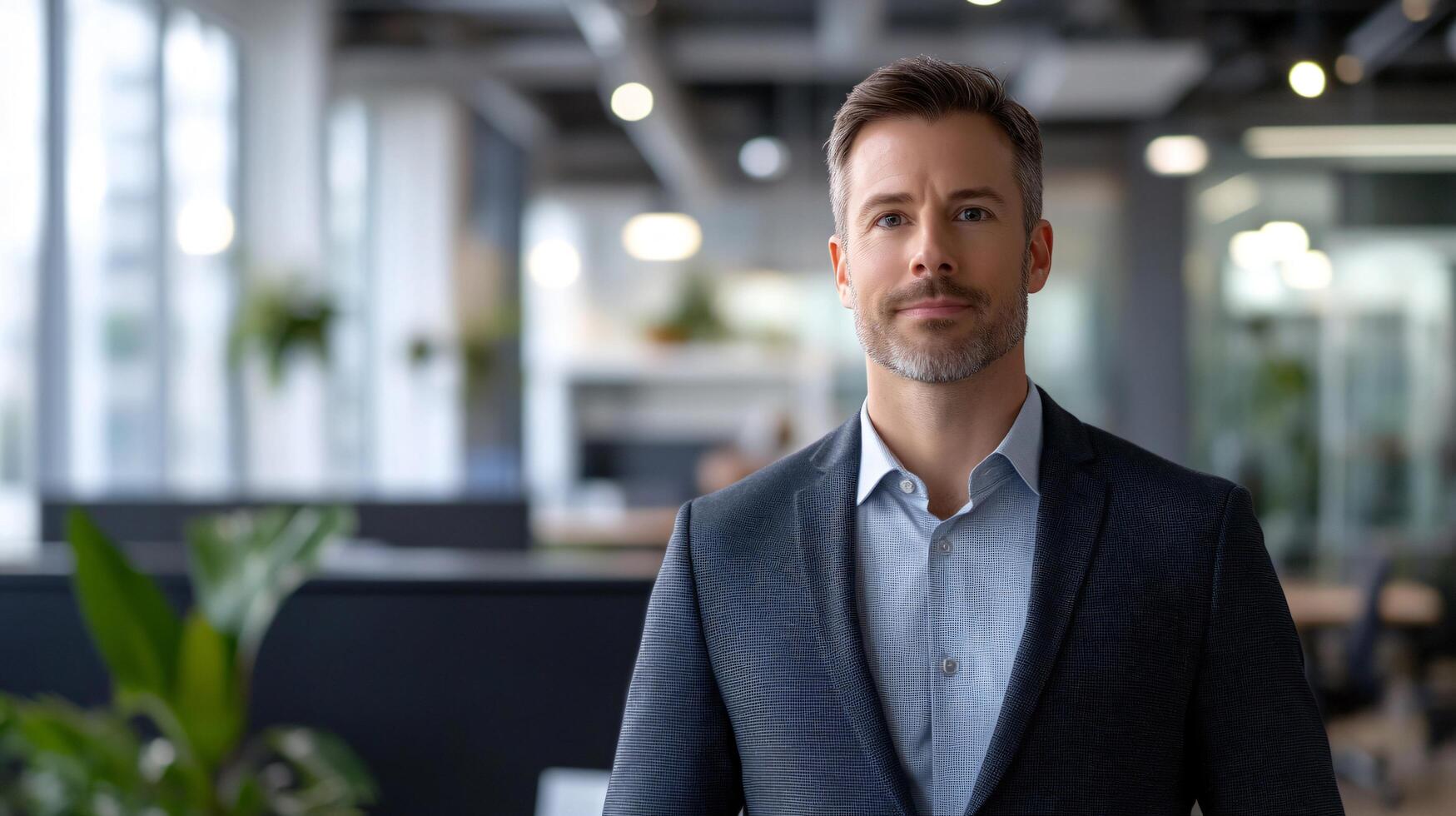 A man in a suit stands in front of a plant photo