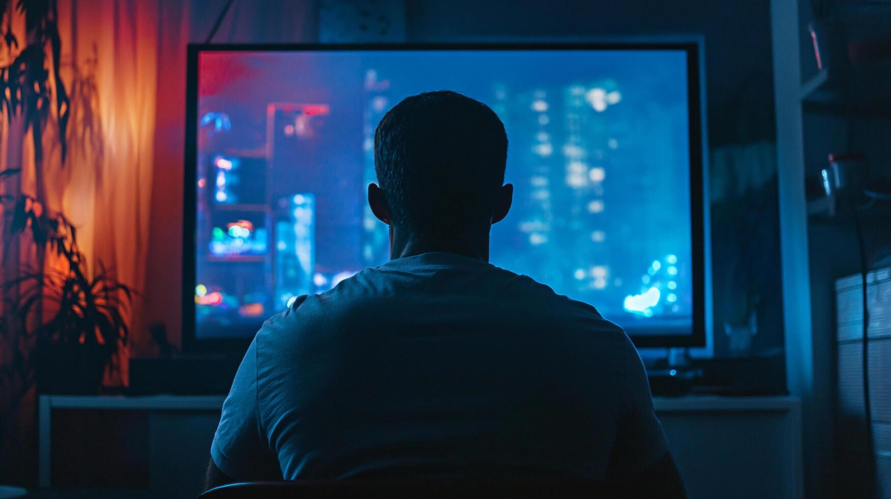 A man is sitting in front of a television watching a cityscape photo