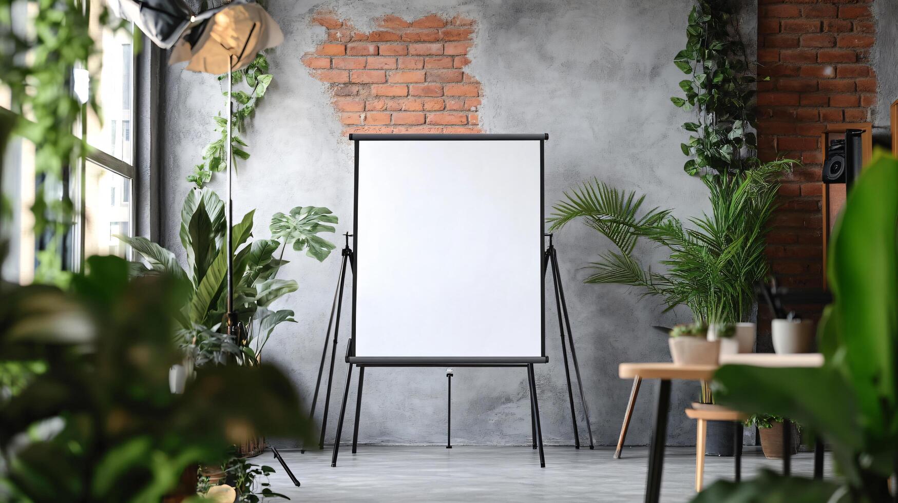 A white board is standing in front of a brick wall photo