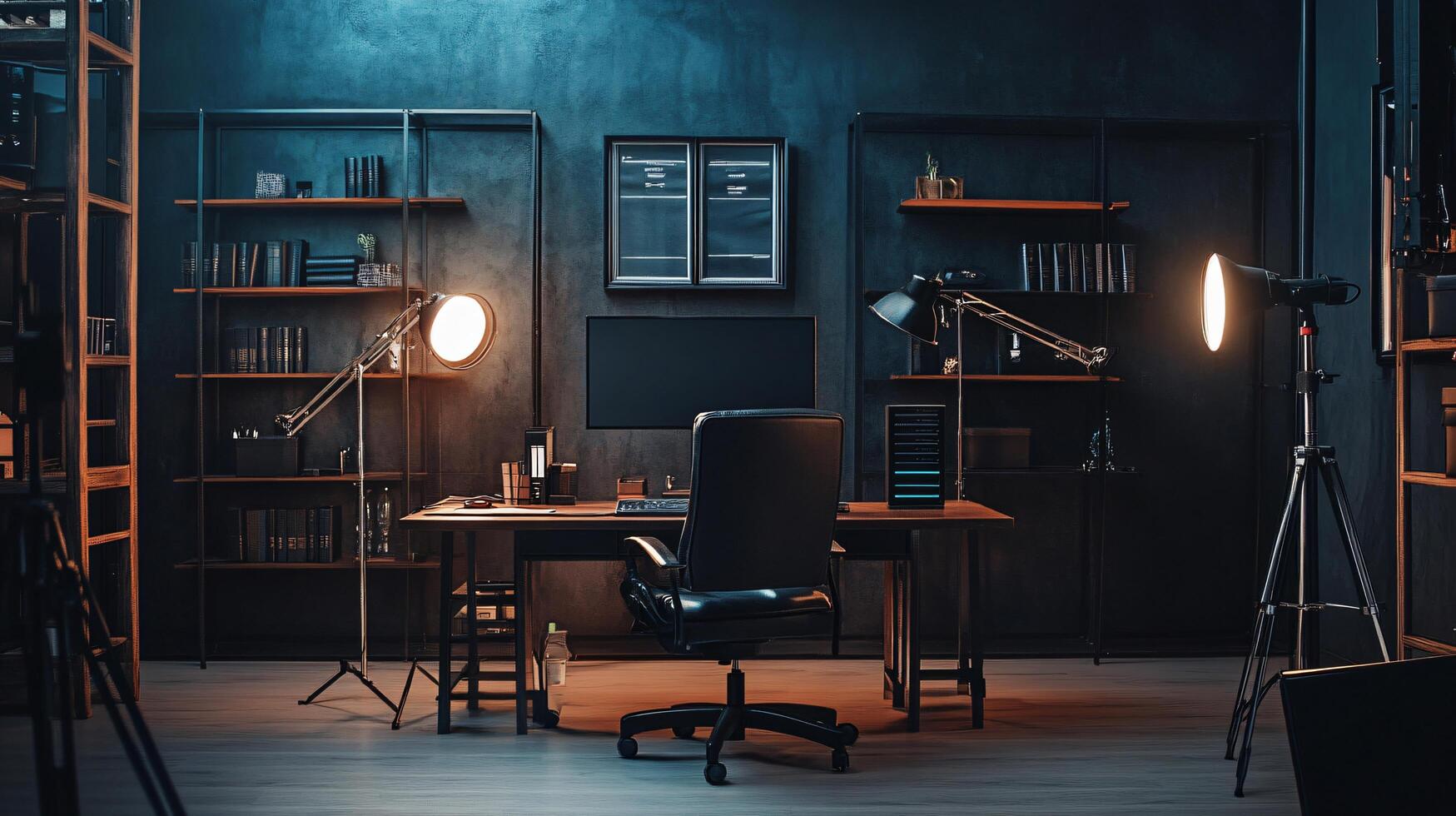 A dark room with a desk and chair, a computer monitor, and a lamp photo