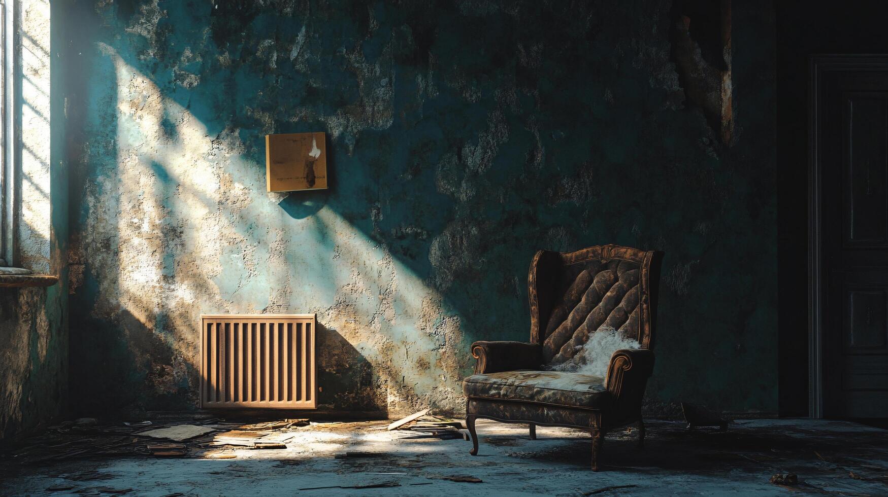 A room with a chair and a radiator photo