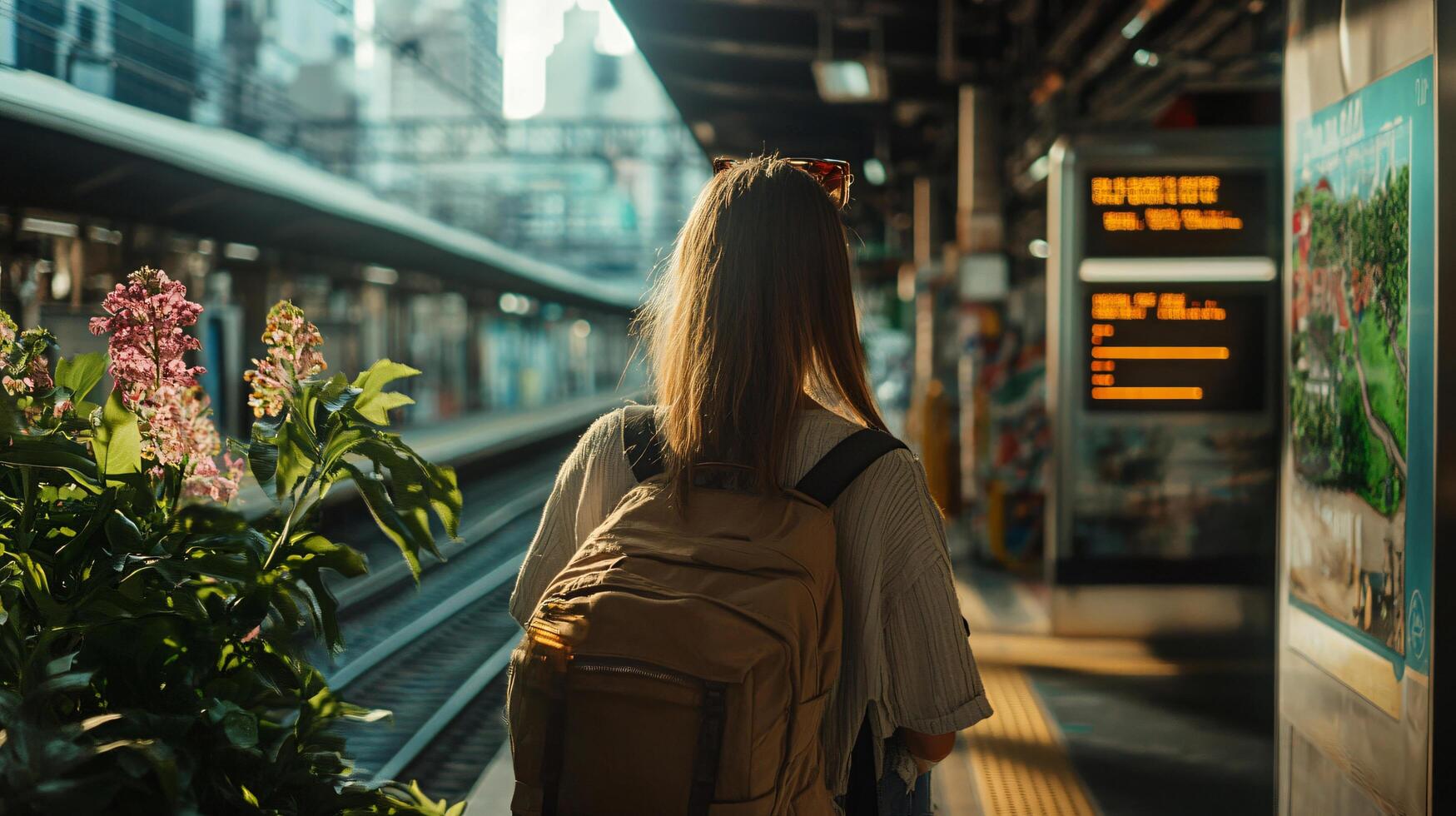 A woman is walking through a train station with a backpack on photo