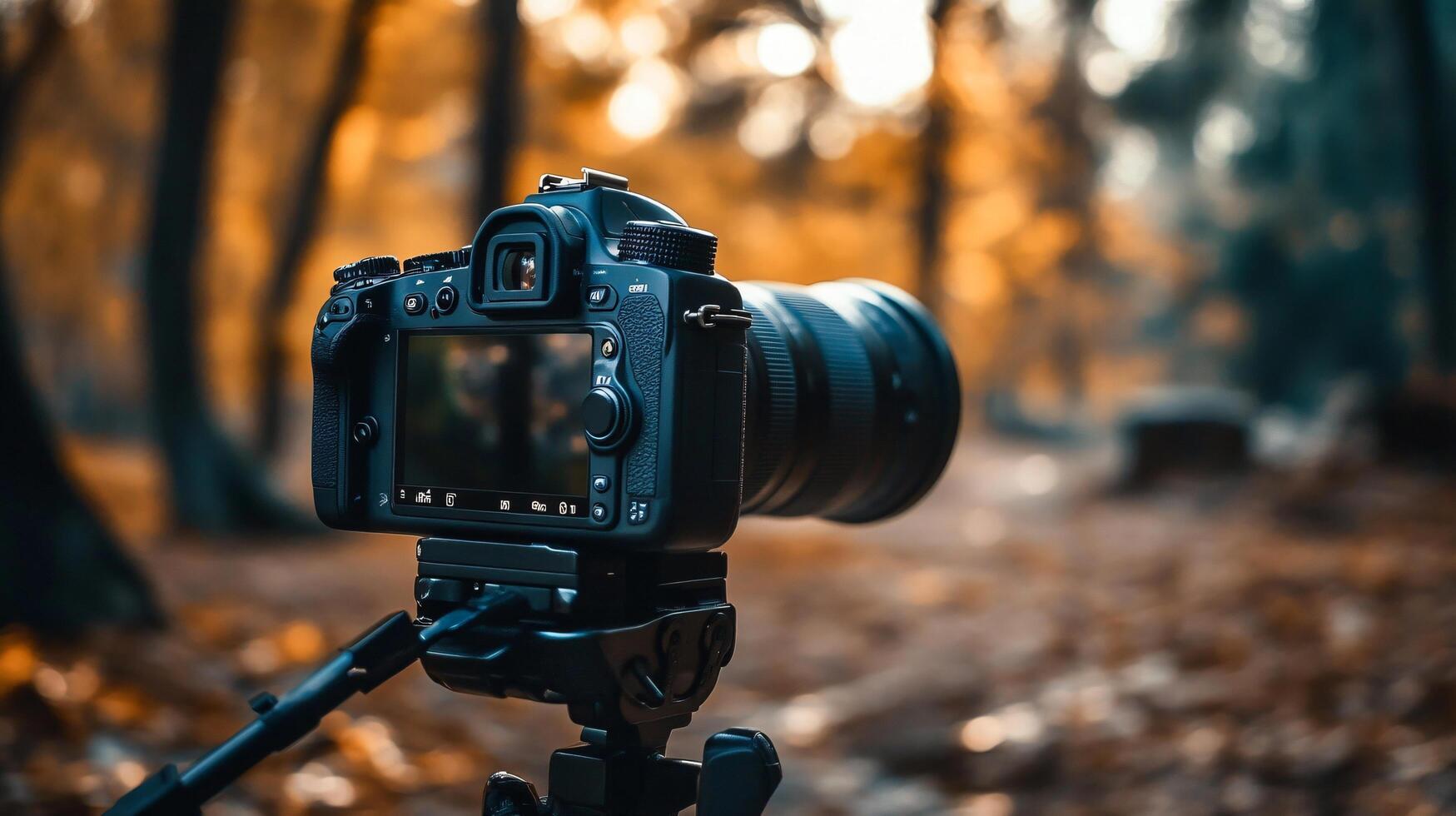 A camera is set up in a forest, with a lens and a tripod photo