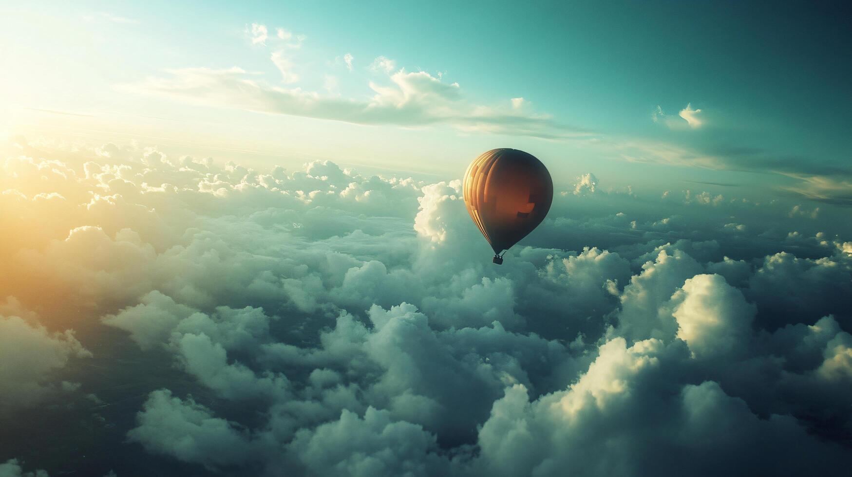 A hot air balloon is floating in the sky above a cloudy sky photo