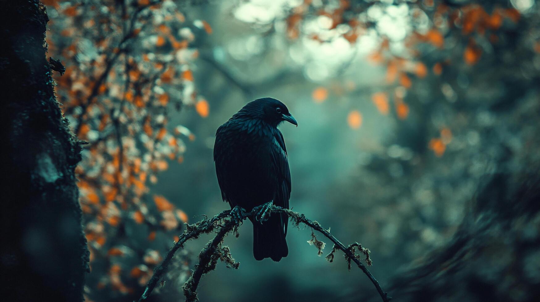 A black crow is perched on a branch in a forest photo