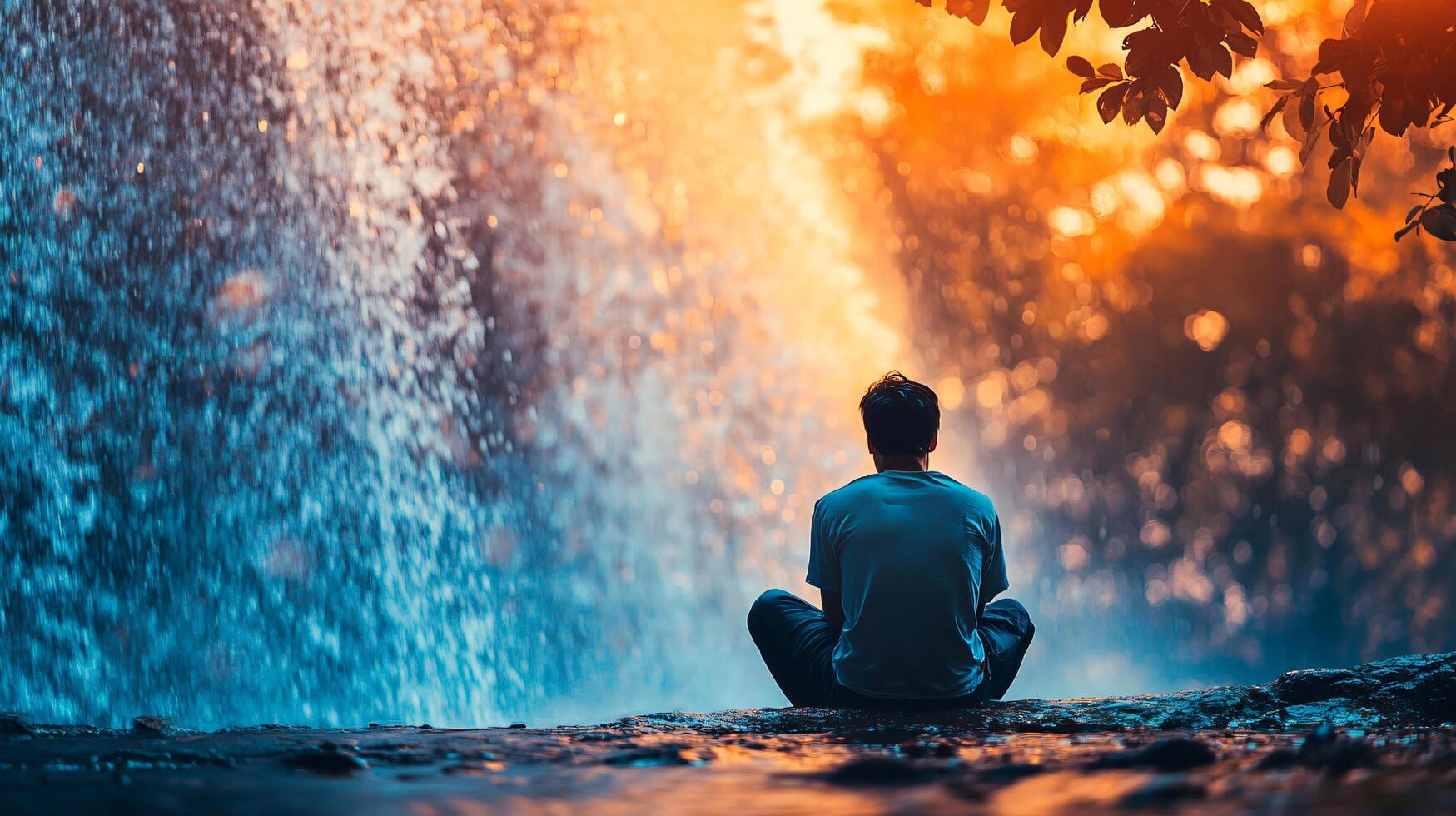 A man sits on a rock near a waterfall, looking out at the water photo