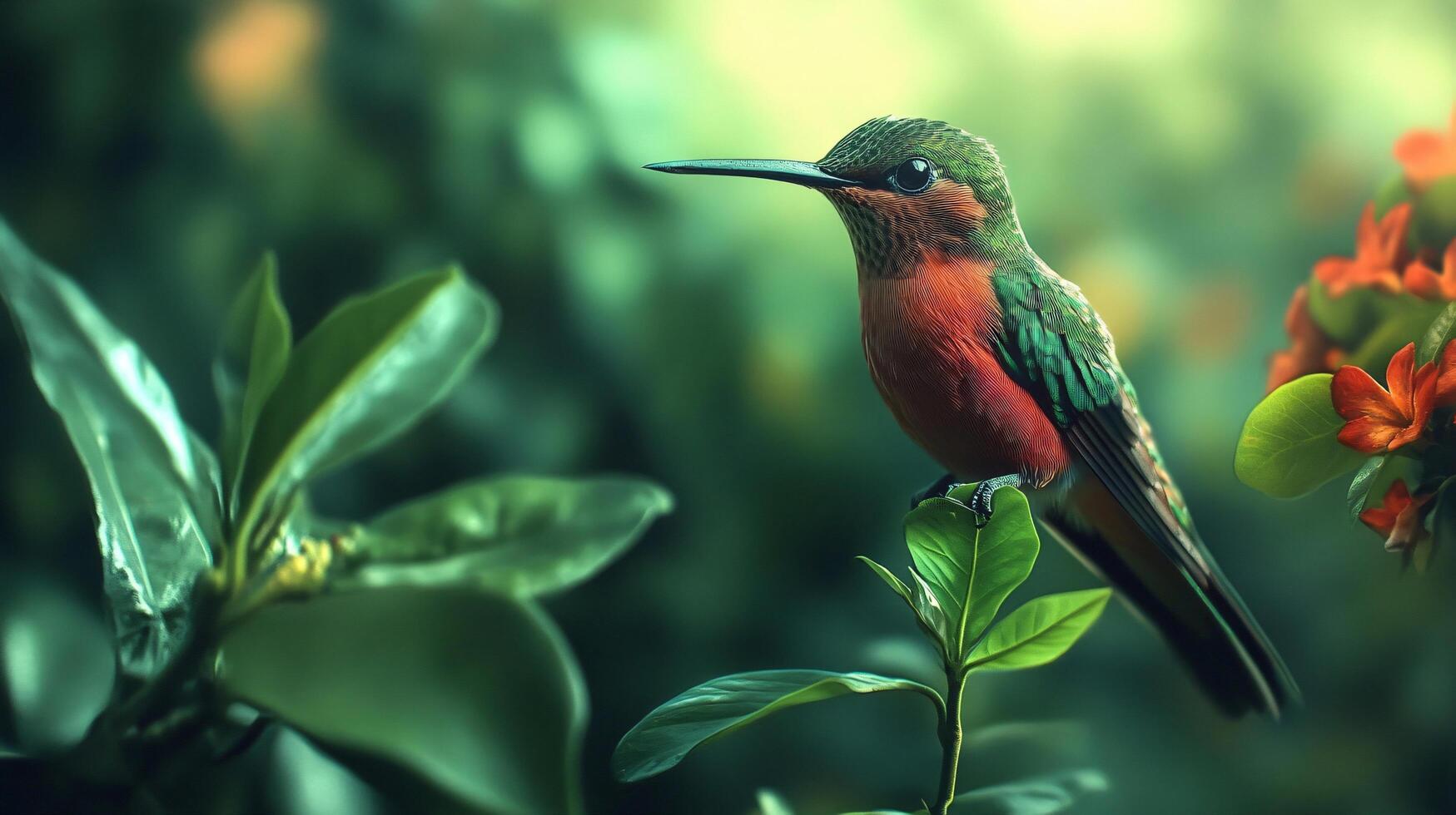 A bird is perched on a leafy green plant photo