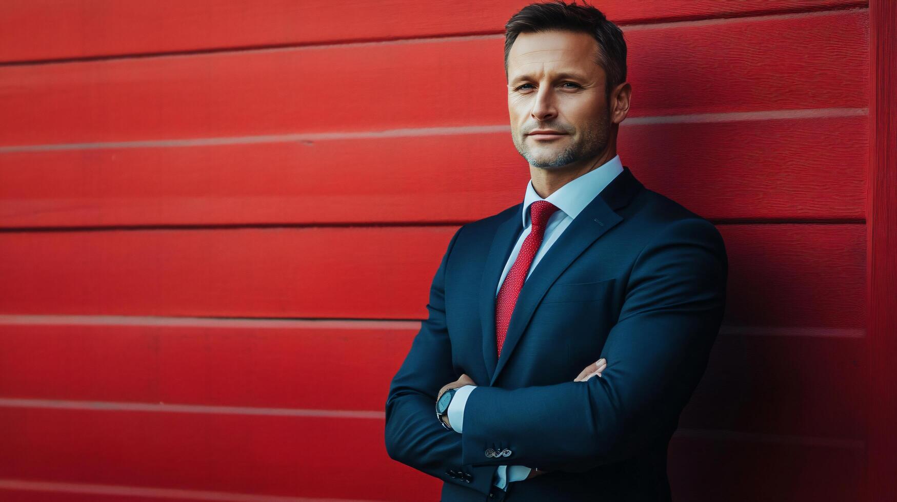 A man in a suit and tie stands in front of a red wall photo