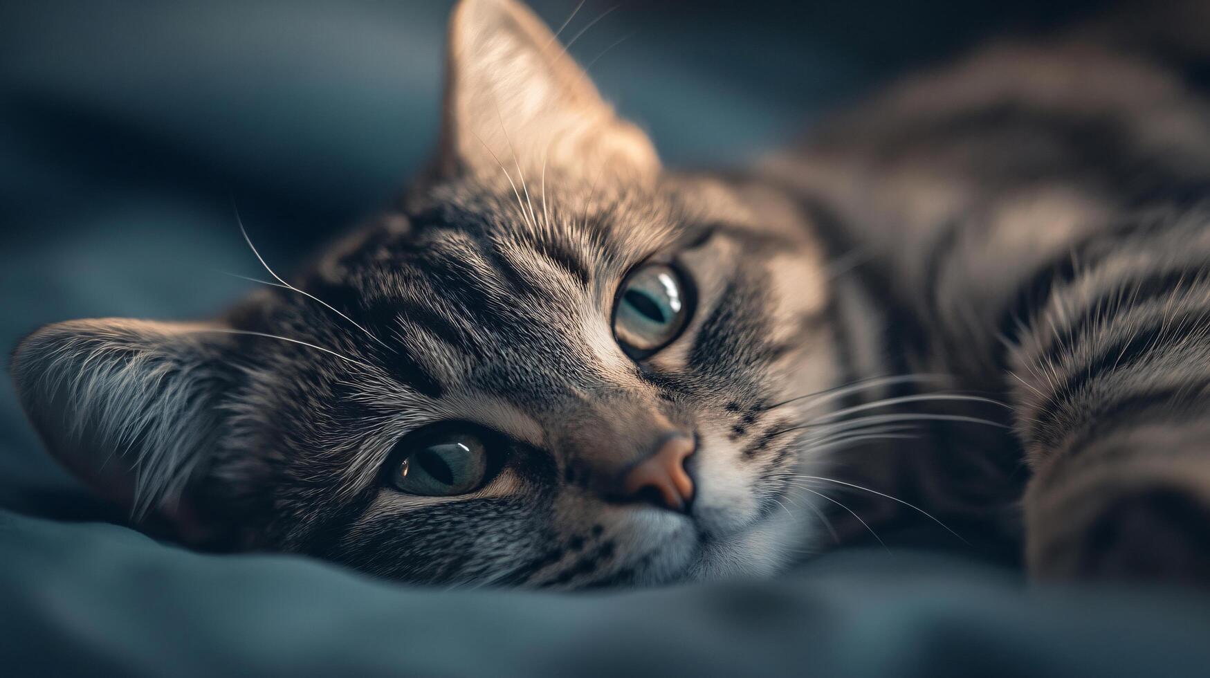 A cat is laying on a bed with its eyes closed photo
