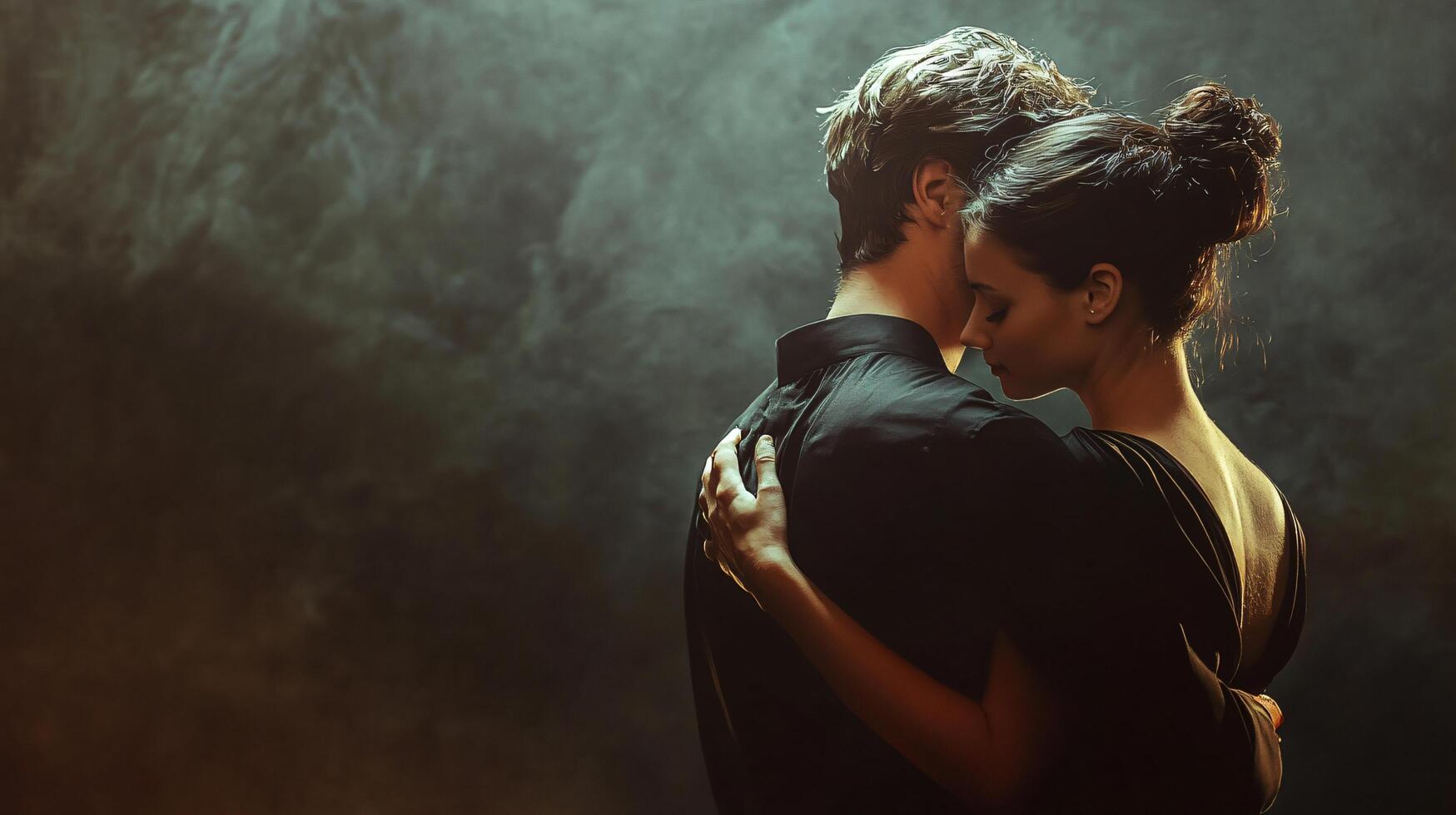 A man and woman are embracing each other in a dark room photo