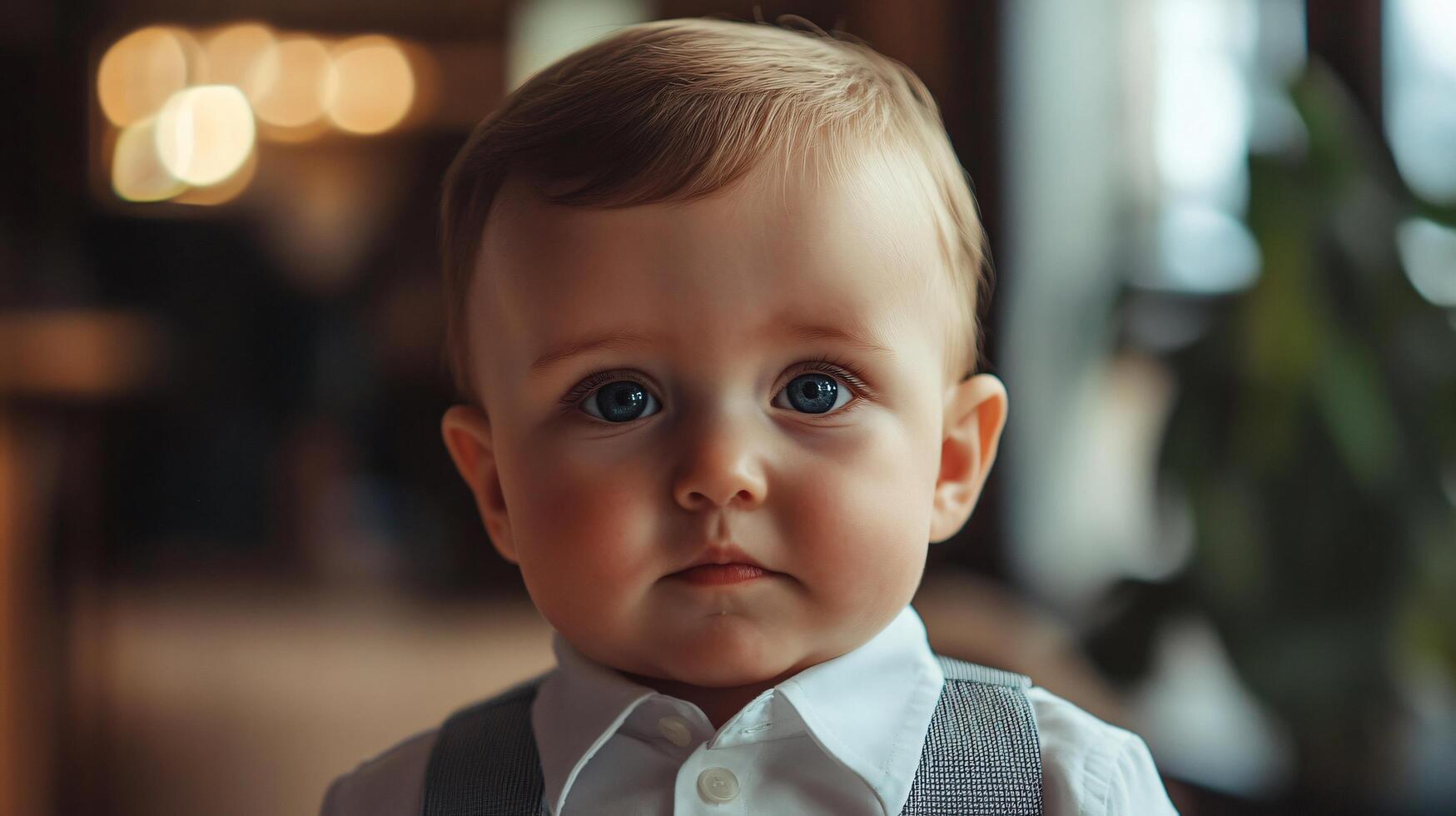 A baby boy is wearing a white shirt and a gray vest photo