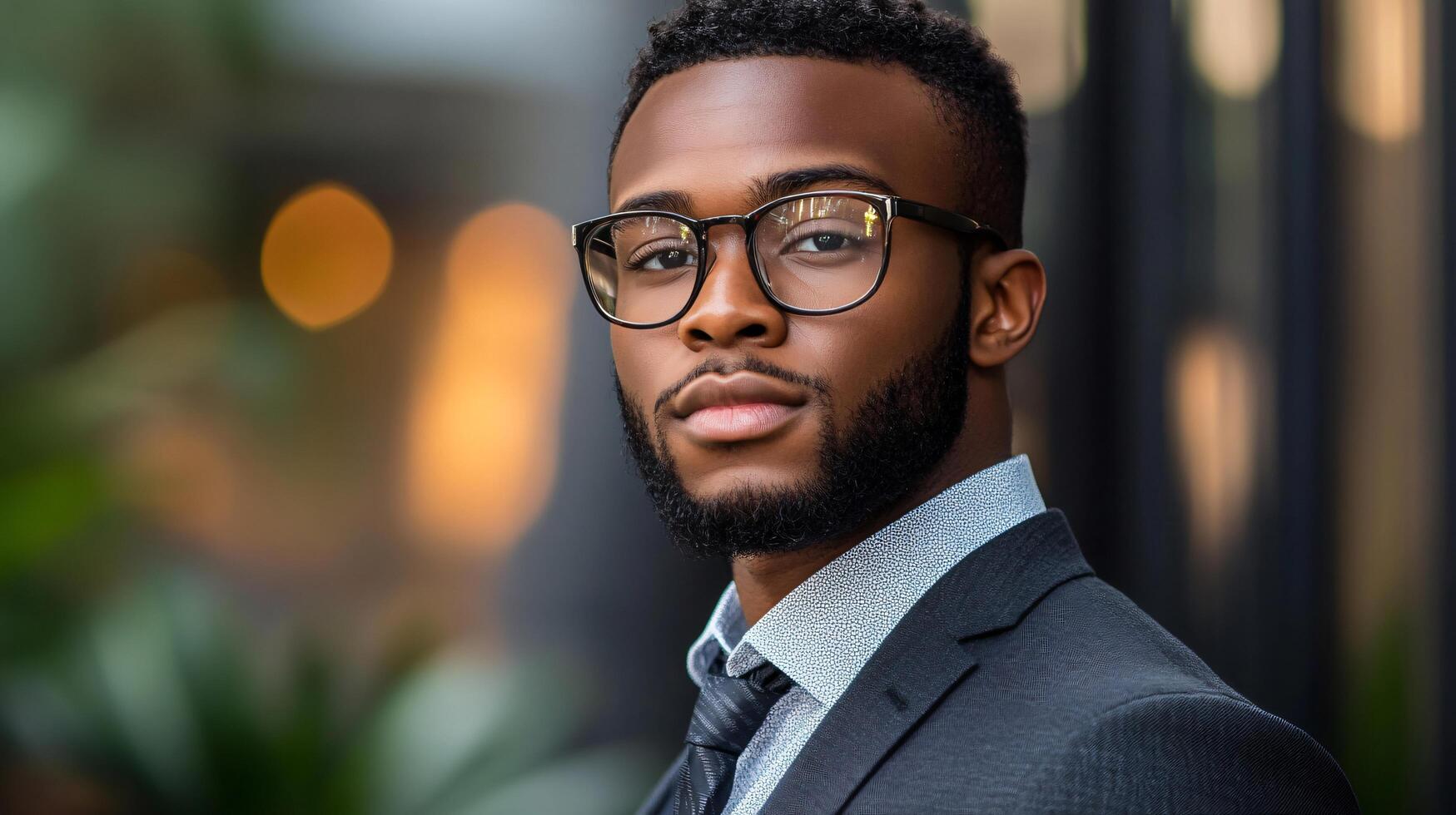 A man wearing glasses and a suit is standing in front of a plant photo