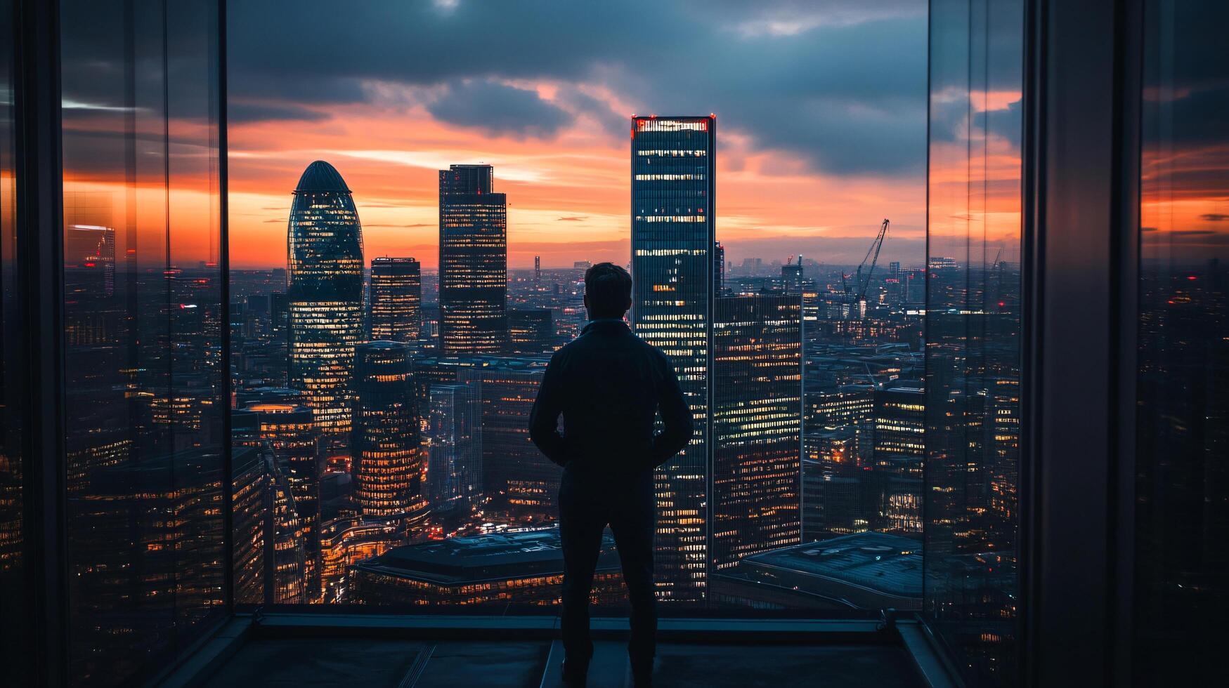 A man stands in front of a city skyline at sunset photo