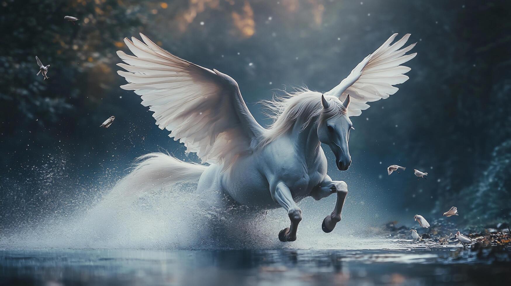 A white horse with a unicorn horn is running through a river photo