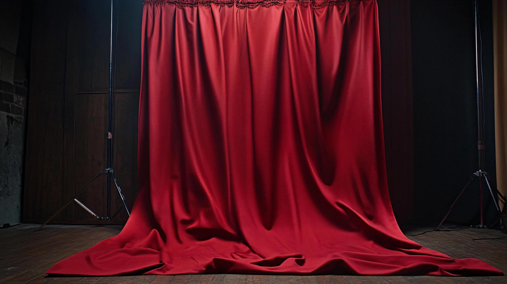 A red curtain is draped over a stage photo