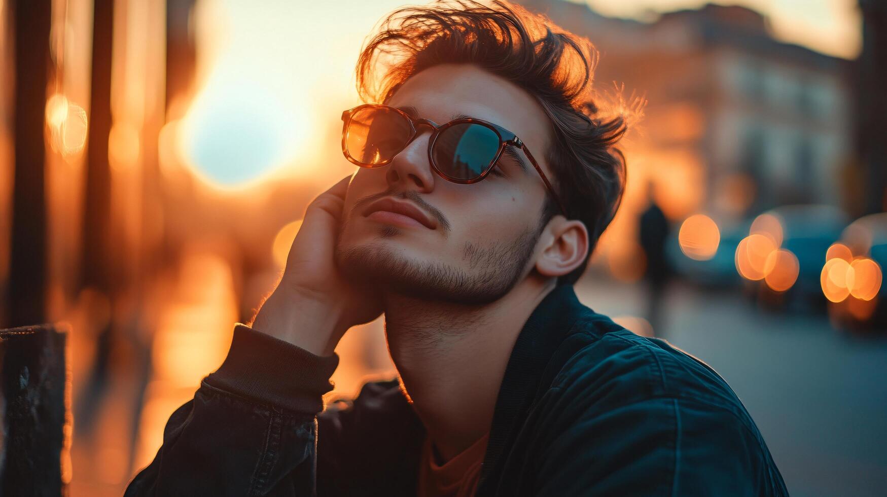 A man wearing sunglasses and a black jacket is sitting on a curb photo