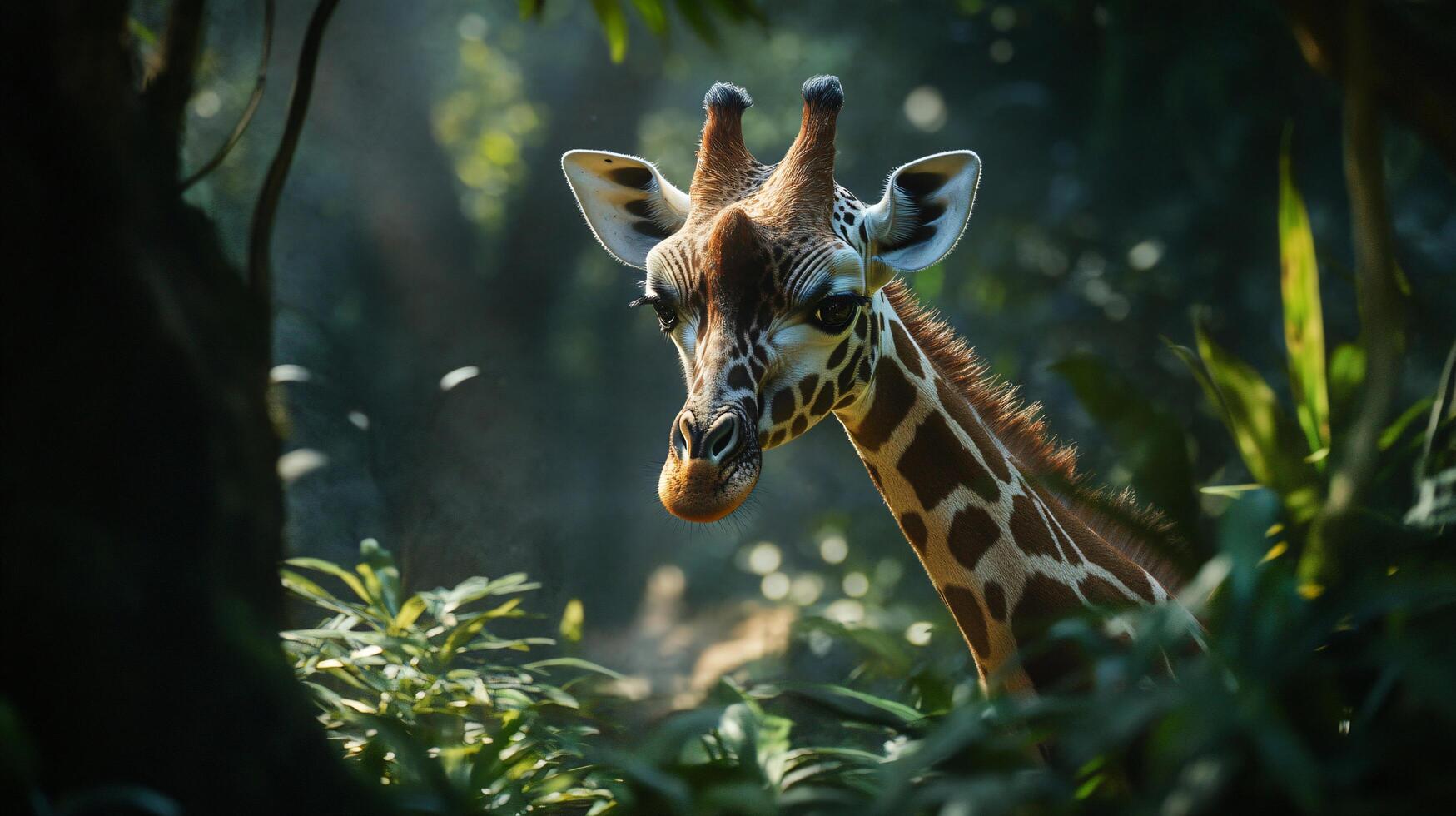 A giraffe is standing in a forest with green leaves and branches photo