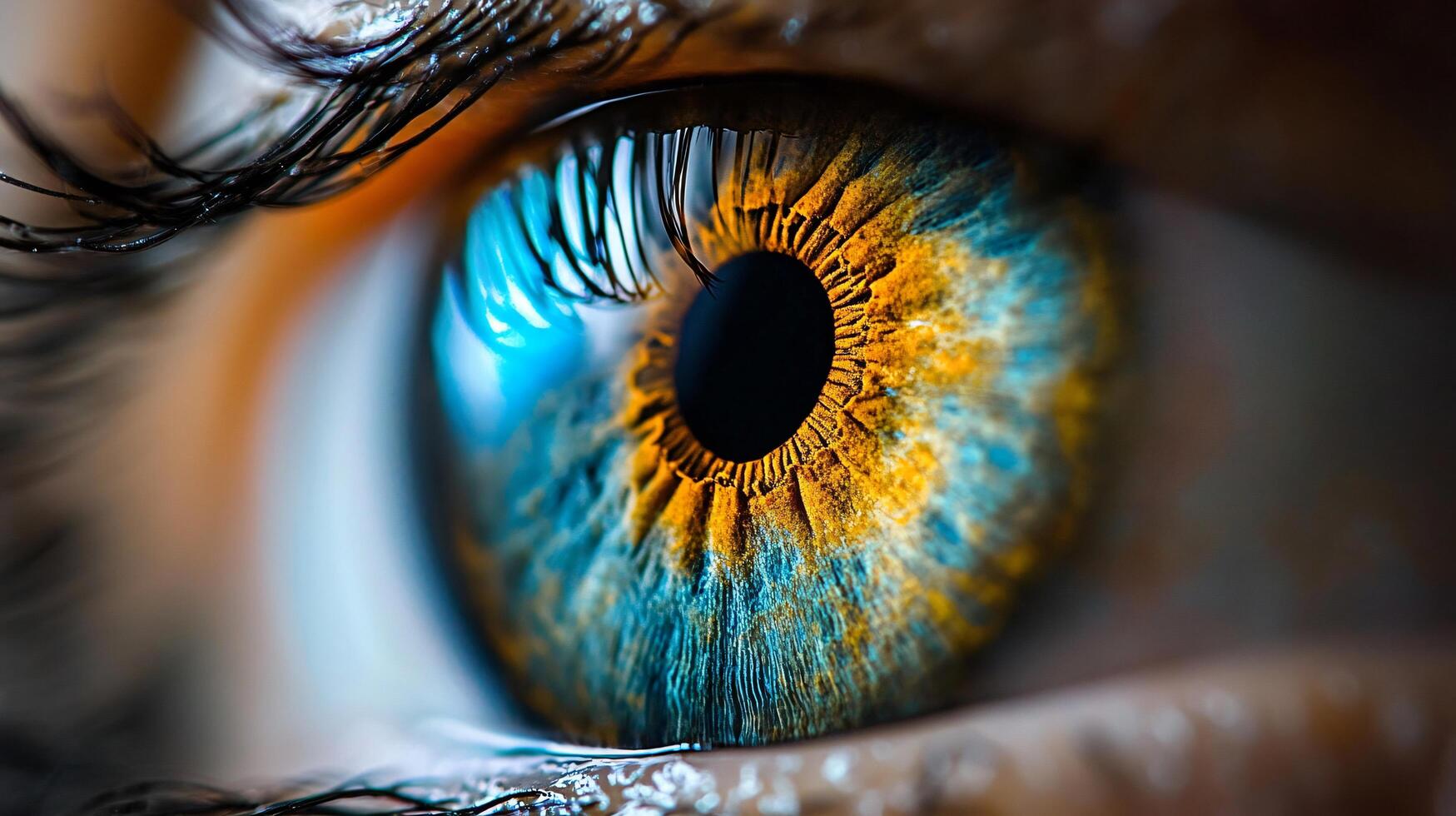 A close up of a person's eye with a blue and orange iris photo