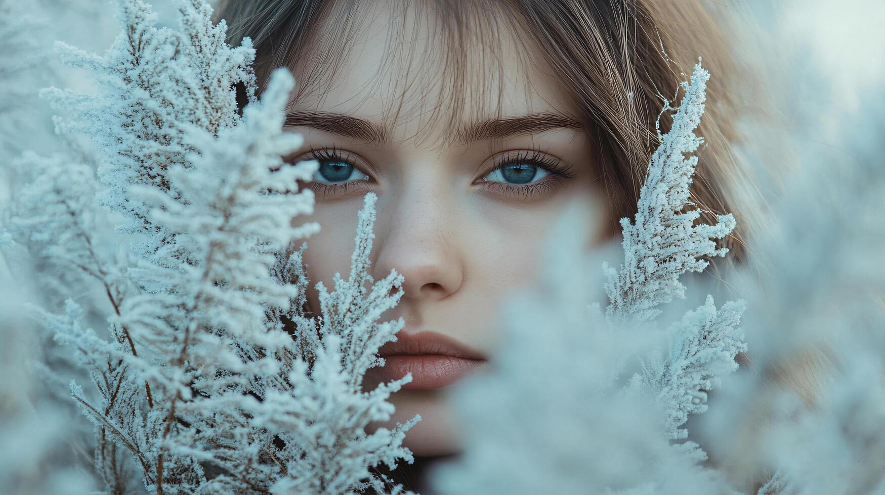 A woman is standing in a field of snow covered plants photo