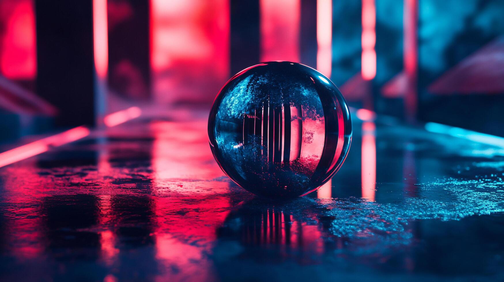 A large, clear, blue sphere sits on a wet, reflective surface photo